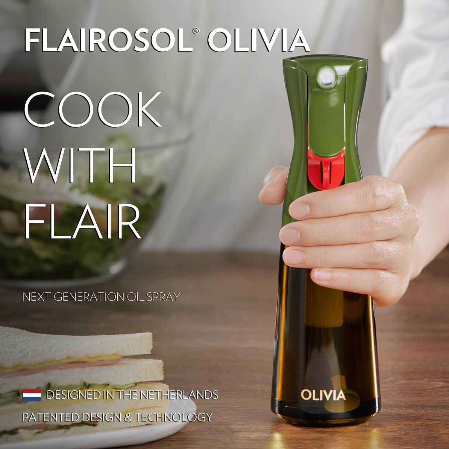 FLAIROSOL OLIVIA Oil Sprayer for Cooking, 200ml Glass Olive Oil Sprayer, Continuous Cooking Spray with Portion Control, Oil Dispenser for Kitchen, Air Fryer, Salad, BBQ (Green Bottle, Gold Print) 2 FLAIROSOL OLIVIA Oil Sprayer for Cooking, 200ml Glass Olive Oil Sprayer, Continuous Cooking Spray with Portion Control, Oil Dispenser for Kitchen, Air Fryer, Salad, BBQ (Green Bottle, Gold Print) - Image 2