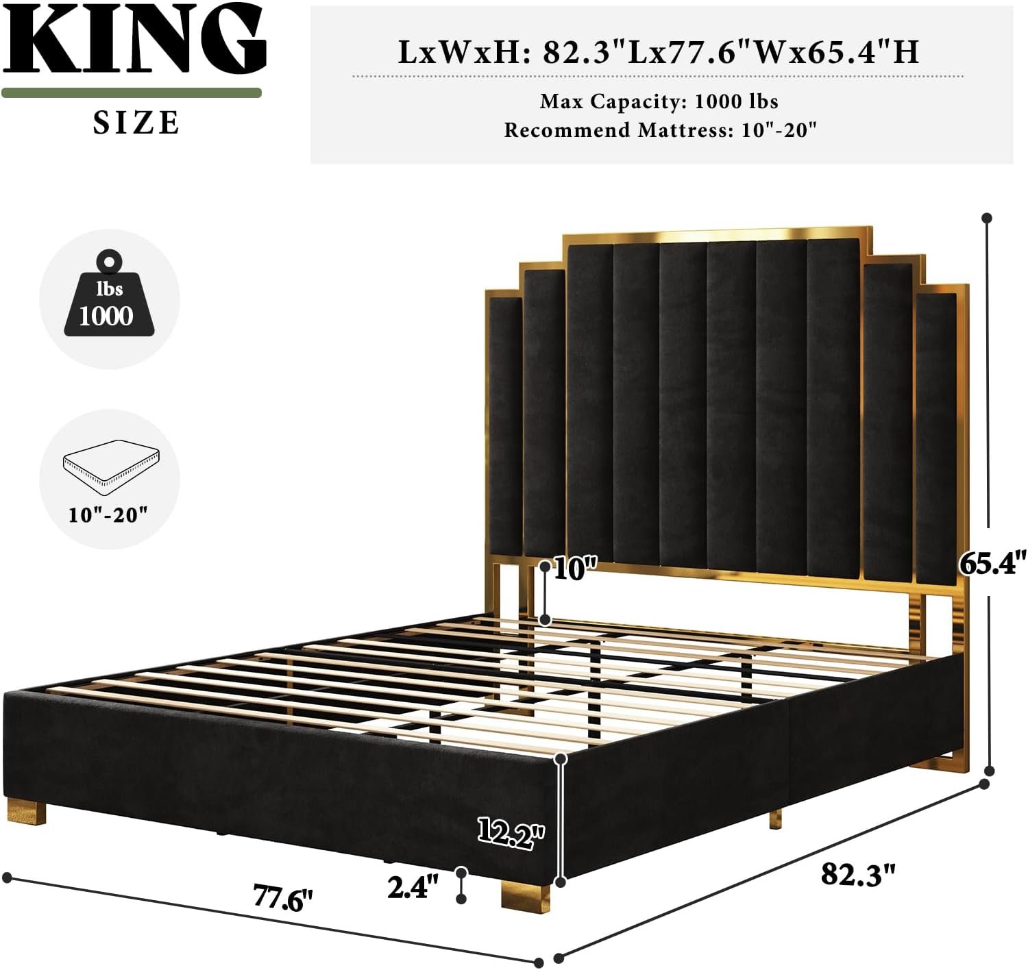 AMERLIFE King Size Upholstered Bed, Modern Velvet Bed Frame with 65.4” Tall Gold Trim Headboard, No Box Spring Needed, Black 2 AMERLIFE King Size Upholstered Bed, Modern Velvet Bed Frame with 65.4” Tall Gold Trim Headboard, No Box Spring Needed, Black - Image 2