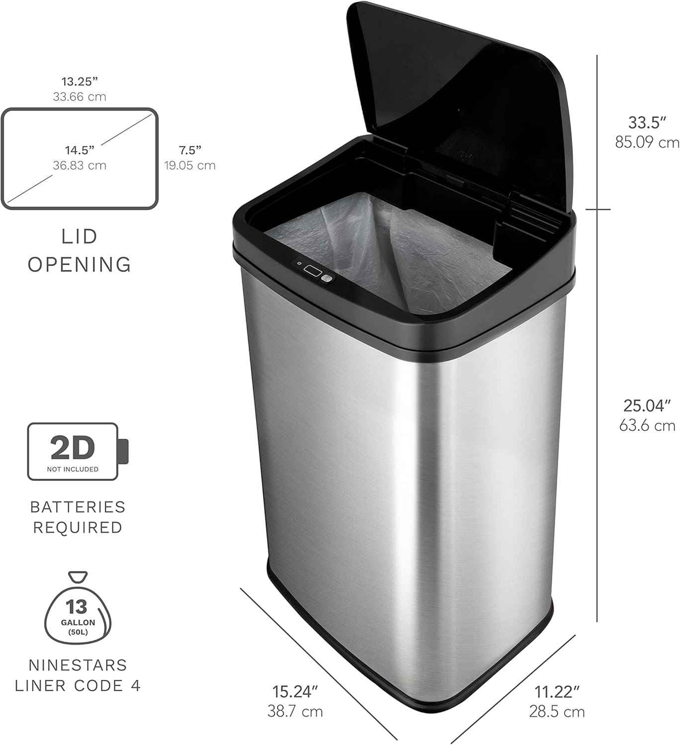 NINESTARS DZT-50-28 Automatic Touchless Motion Sensor Rectangular Trash Can, 13 Gal, Black Trim 5 NINESTARS DZT-50-28 Automatic Touchless Motion Sensor Rectangular Trash Can, 13 Gal, Black Trim - Image 5
