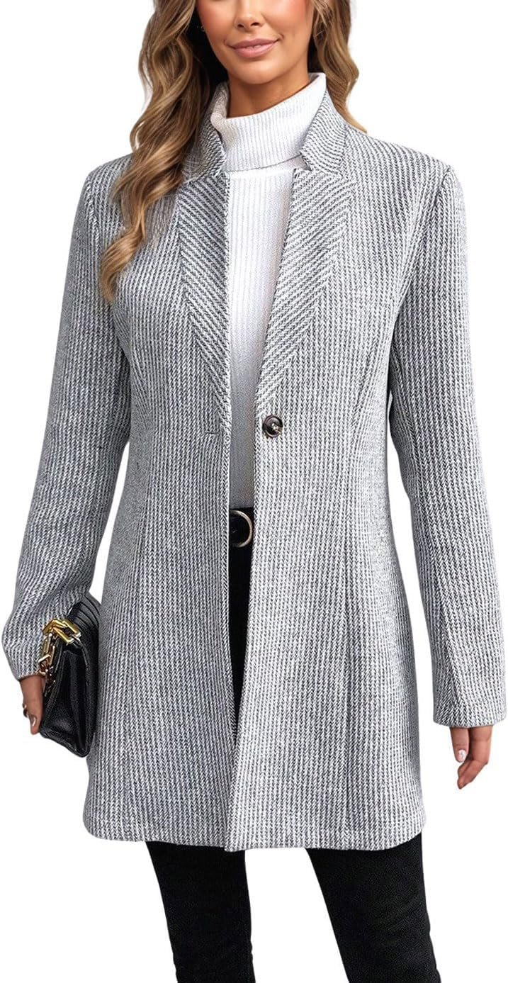 CHARTOU Womens Long Sleeve Casual Wool Jacket Blazer 1 Button Winter Coat Mid-Long Stand Collar Open Front Overcoat
