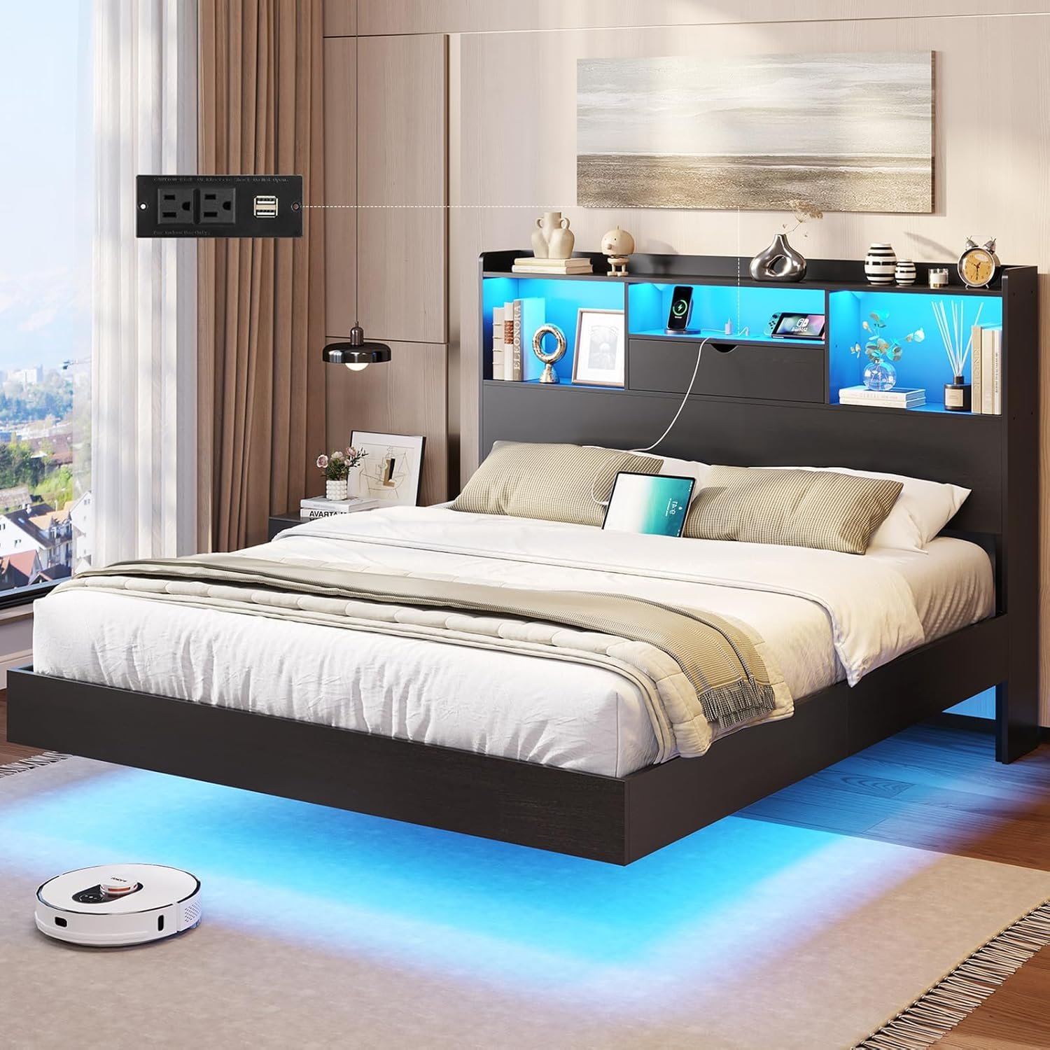 DICTAC Queen Floating Bed Frame with LED Lights and Headboard Storage, Visual Floating Bed with Charing Station, Queen Size Metal Platform Bed with Stable Structure, No Box Spring Need, Easy Assembly