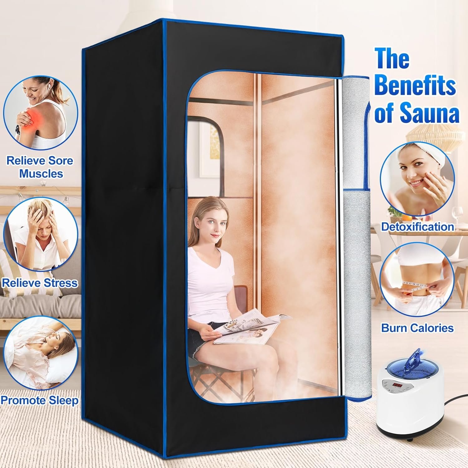 Sauna Box, Portable Sauna, Portable Steam Sauna for Home, Sauna Tent with Steamer, Remote Control, Folding Chair, 9 Levels, 2.6’ x 2.6’ x 5.9’ 3 Sauna Box, Portable Sauna, Portable Steam Sauna for Home, Sauna Tent with Steamer, Remote Control, Folding Chair, 9 Levels, 2.6’ x 2.6’ x 5.9’ - Image 3