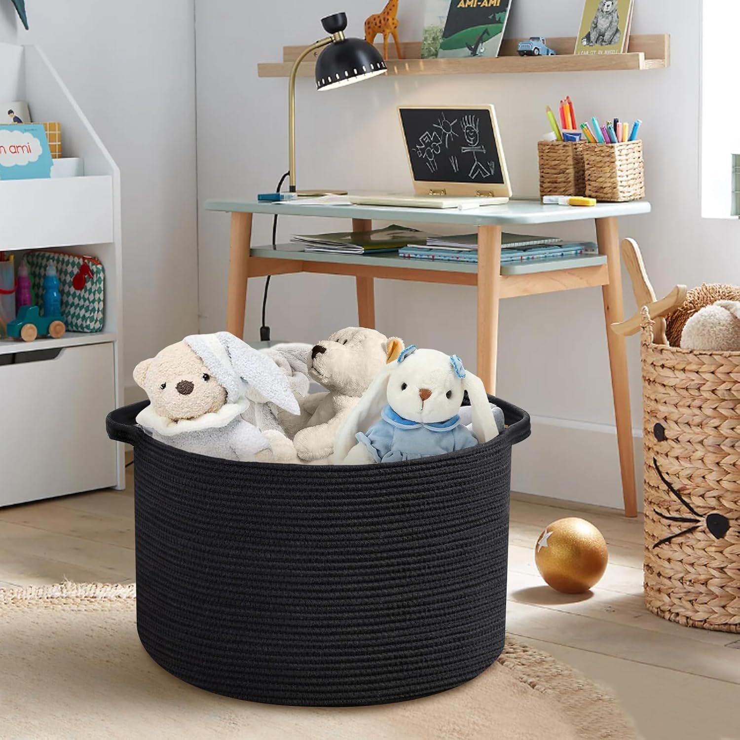 Large Black Blanket Basket, 22" X 22" X 14" Woven Rope Baskets for Storage, Kids Dog Toy Storage Box Organizer Bins, Blanket Storage for Living Room, Black Wicker Baskets for Organizing 6 Large Black Blanket Basket, 22" X 22" X 14" Woven Rope Baskets for Storage, Kids Dog Toy Storage Box Organizer Bins, Blanket Storage for Living Room, Black Wicker Baskets for Organizing - Image 6