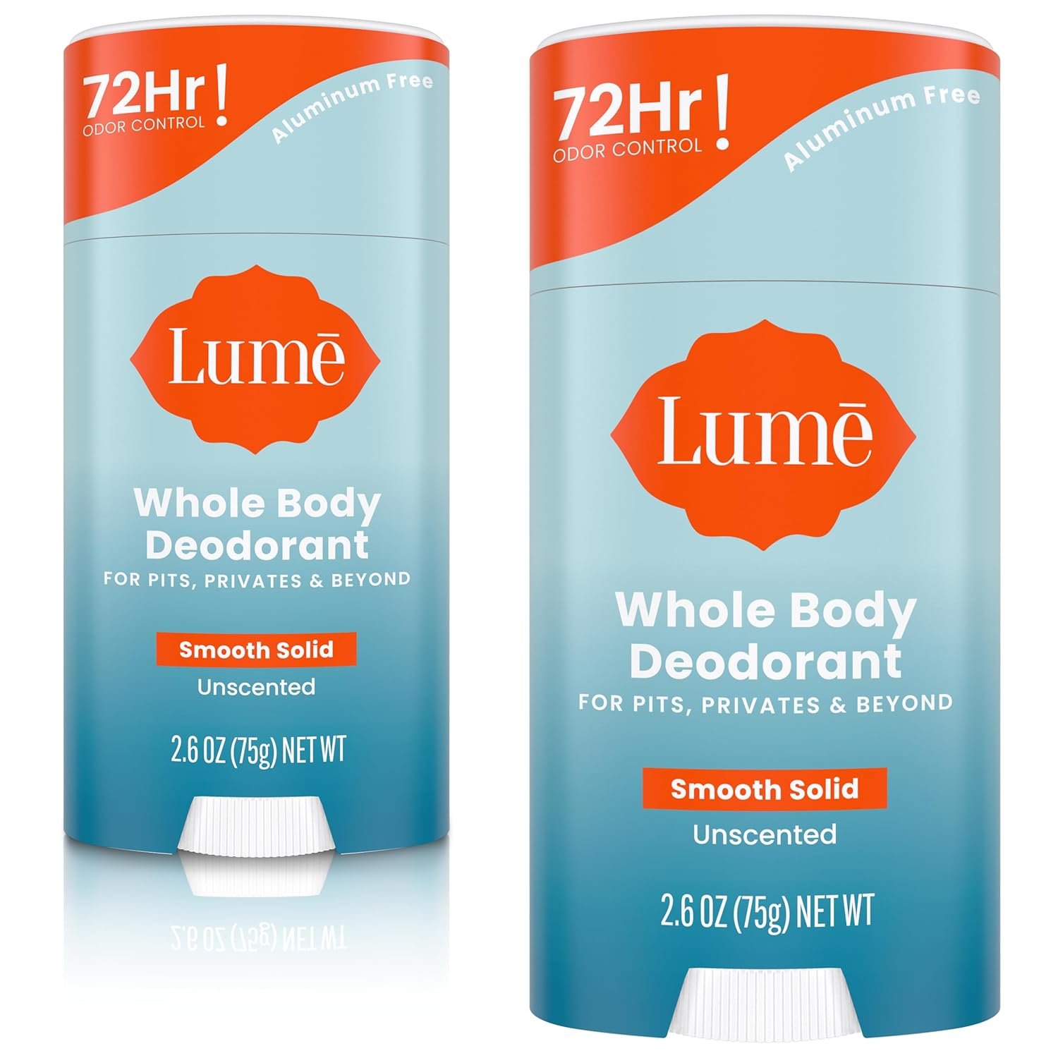 Lume Whole Body Deodorant - Smooth Solid Stick - 72 Hour Odor Control - Aluminum Free, Baking Soda Free and Skin Safe - 2.6 Ounce (Pack of 2) (Unscented)