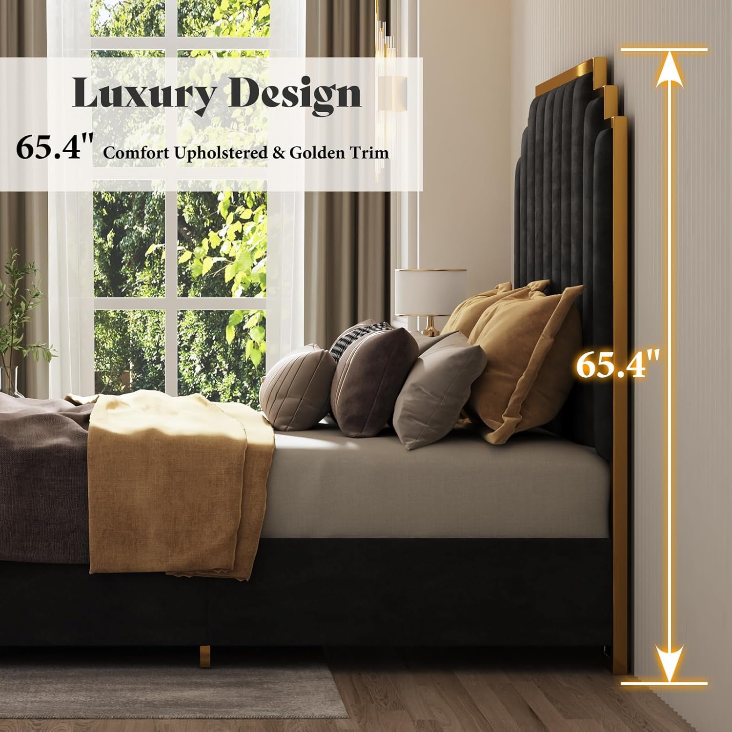 AMERLIFE King Size Upholstered Bed, Modern Velvet Bed Frame with 65.4” Tall Gold Trim Headboard, No Box Spring Needed, Black 7 AMERLIFE King Size Upholstered Bed, Modern Velvet Bed Frame with 65.4” Tall Gold Trim Headboard, No Box Spring Needed, Black - Image 7