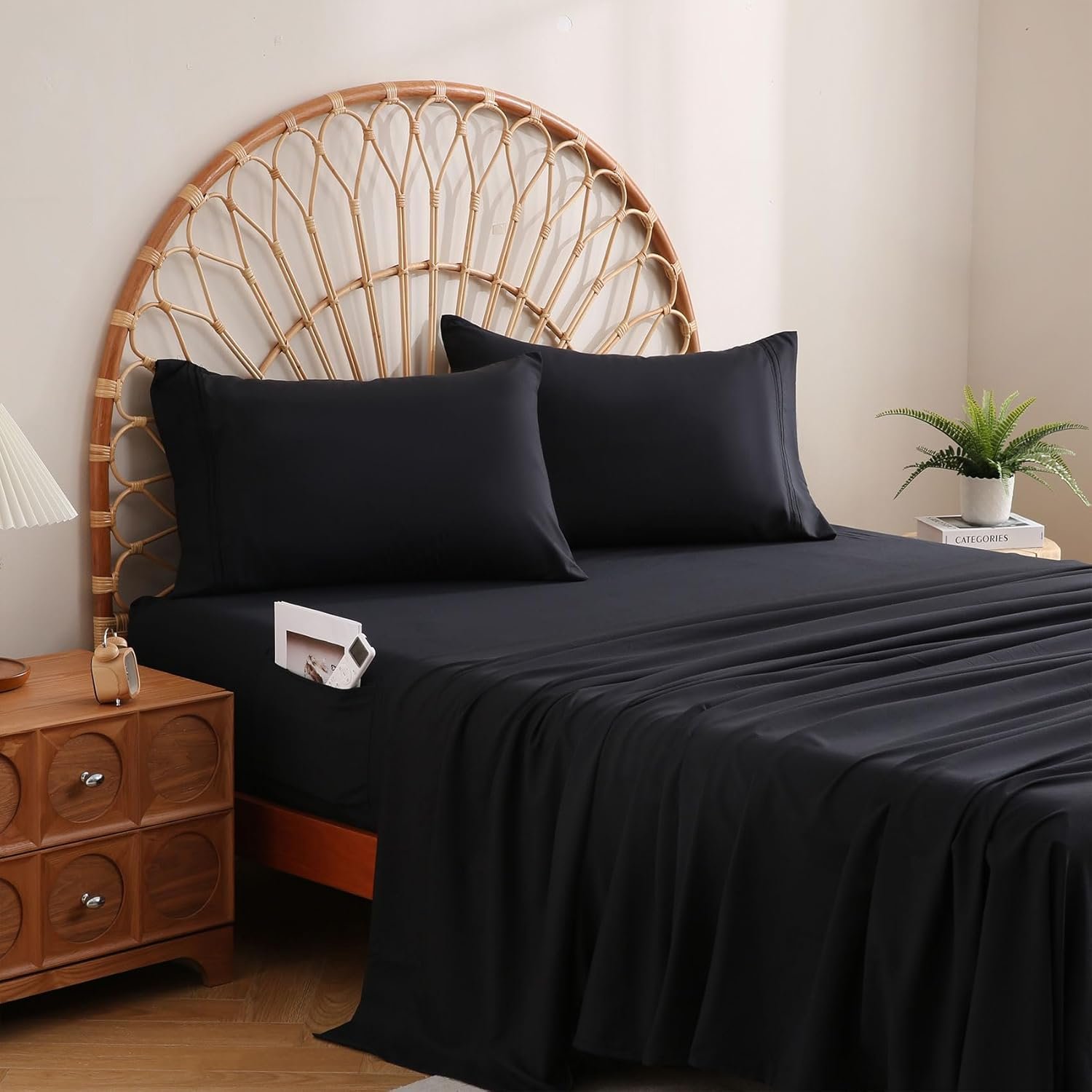 JSD Black Twin Sheet Set with Side Pocket Corner Straps, 3 Piece Soft Kids Microfiber Bed Sheets Extra Deep Pocket