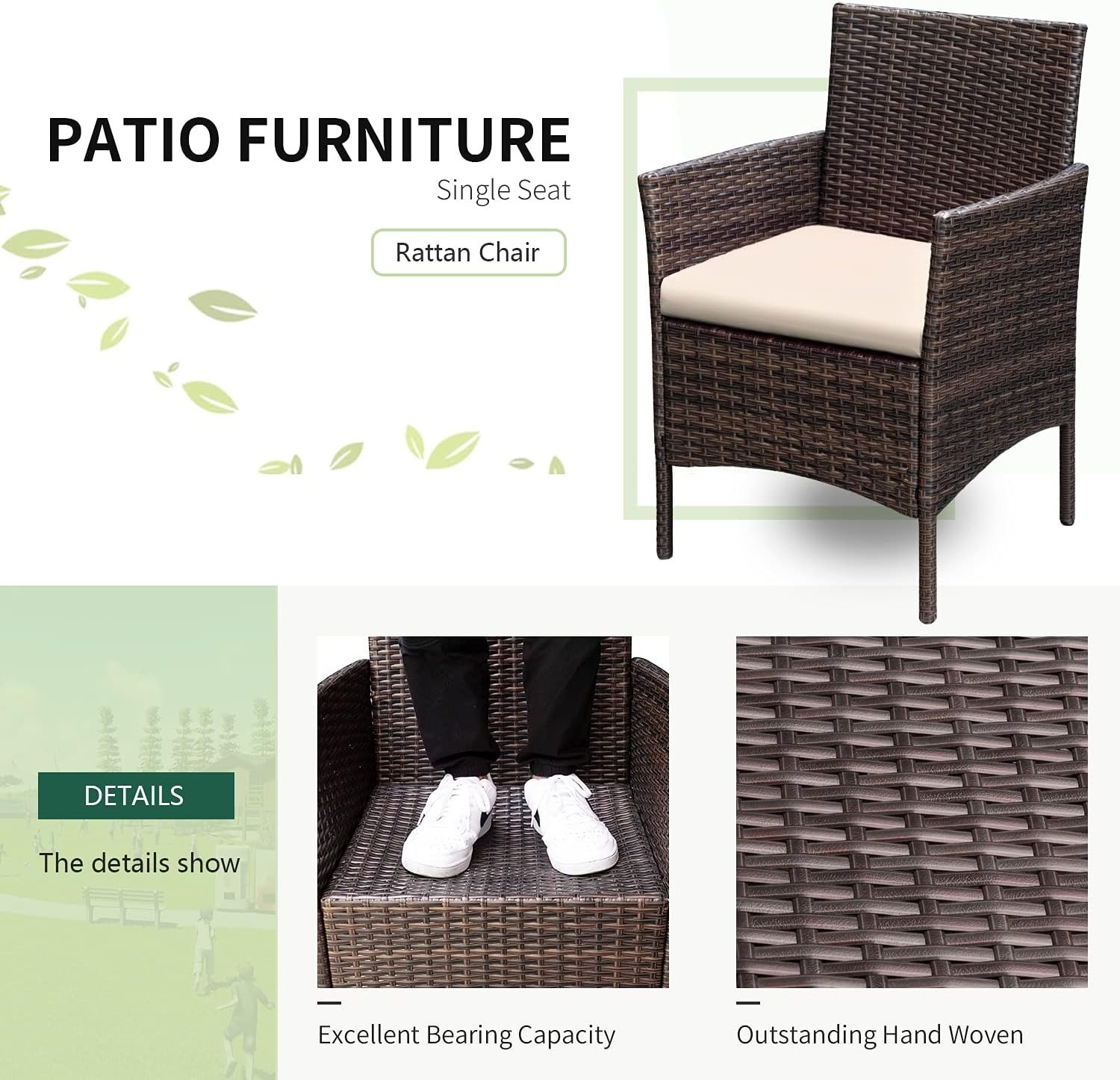 Greesum 3 Pieces Patio Furniture Sets Outdoor PE Rattan Wicker Chairs with Soft Cushion and Glass Coffee Table for Garden Backyard Porch Poolside, Brown and Beige 4 Greesum 3 Pieces Patio Furniture Sets Outdoor PE Rattan Wicker Chairs with Soft Cushion and Glass Coffee Table for Garden Backyard Porch Poolside, Brown and Beige - Image 4
