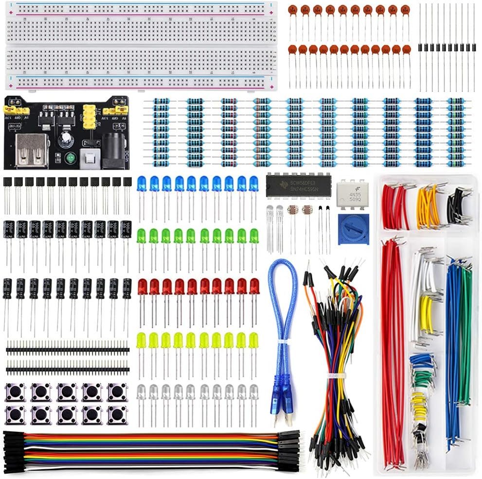 Electronics Component Fun Kit w/Power Supply Module, Jumper Wire, 830 tie-Points Breadboard, Precision Potentiometer,Resistor Compatible with Arduino, Raspberry Pi, STM32