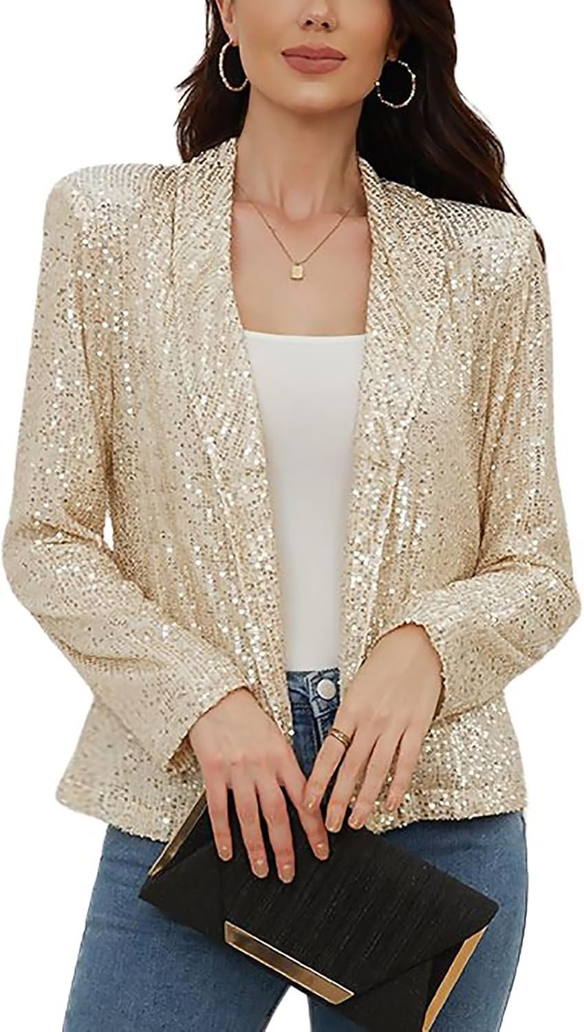 utcoco Womens Sequin Blazer Casual Long Sleeve Open Front Sparkle Blazer Jacket