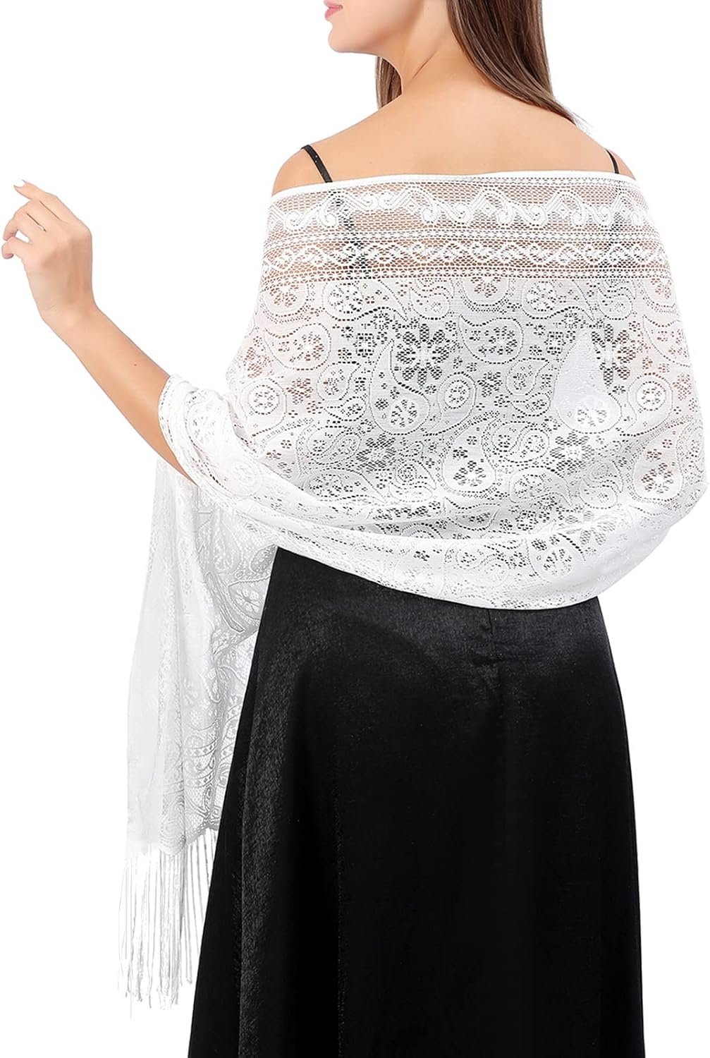 Ladiery Women's Floral Lace Scarf Shawl with Tassels, Soft Mesh Fringe Wraps for Wedding Evening Party Dresses