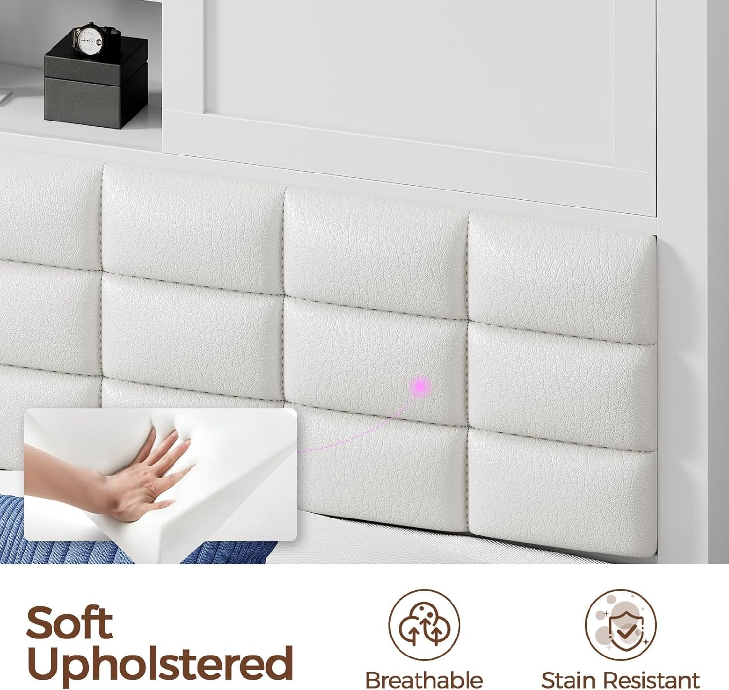Rolanstar Bed Frame Twin Size with Charging Station, Bookcase Headboard Bed with LED Light and Sliding Doors, Platform Bed with Wooden Slats, No Box Spring Needed, Noise Free, White 6 Rolanstar Bed Frame Twin Size with Charging Station, Bookcase Headboard Bed with LED Light and Sliding Doors, Platform Bed with Wooden Slats, No Box Spring Needed, Noise Free, White - Image 6