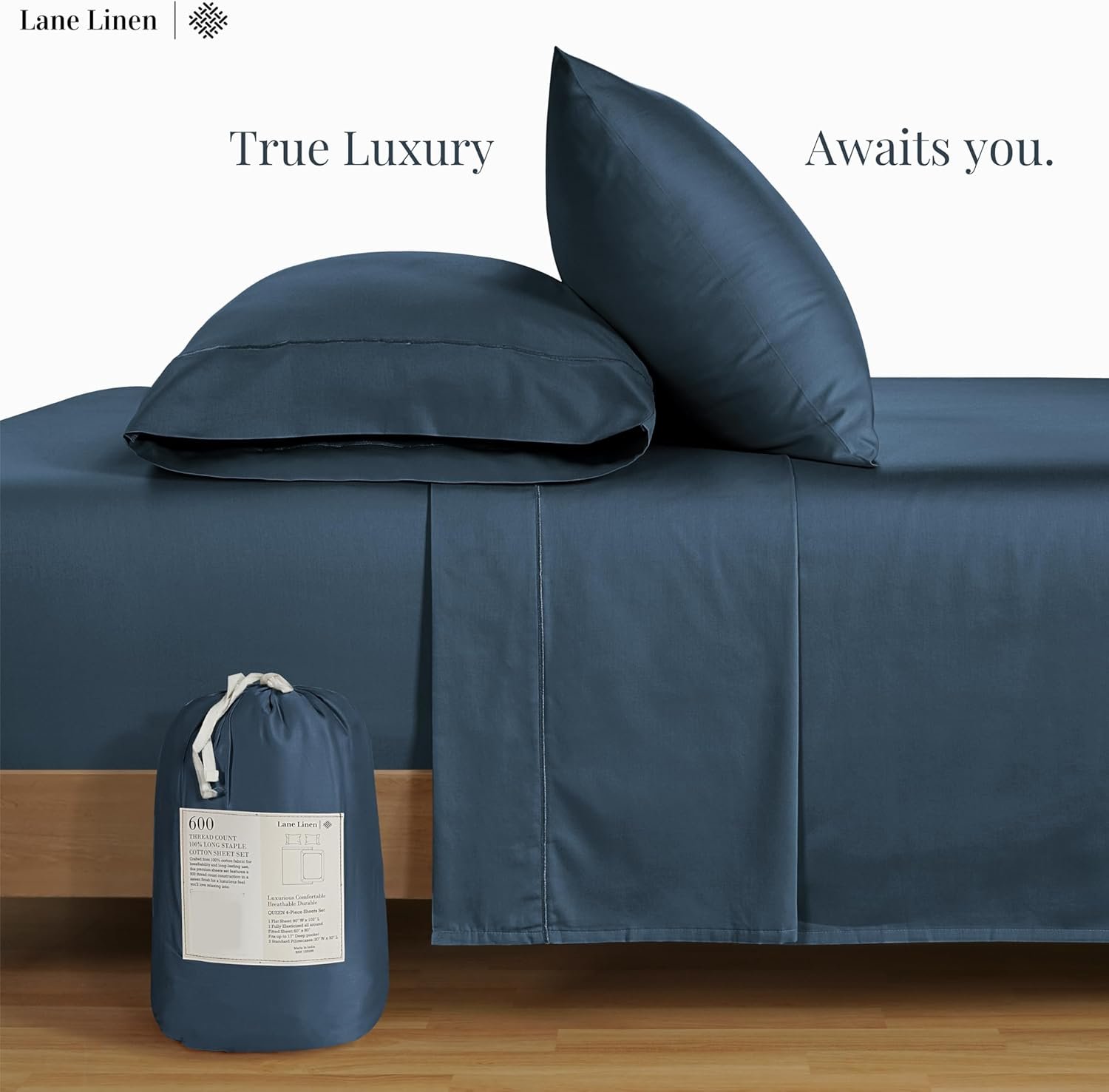 600 TC Queen Size Sheets Set - 100% Cotton Sheets Queen Size, Ultra Soft Fully Elasticized, Mercerized Cotton, Sateen Weave Soft & Comfy, Luxury Hotel Style Thick Sheets Queen Size - Dark Denim 2 600 TC Queen Size Sheets Set - 100% Cotton Sheets Queen Size, Ultra Soft Fully Elasticized, Mercerized Cotton, Sateen Weave Soft & Comfy, Luxury Hotel Style Thick Sheets Queen Size - Dark Denim - Image 2