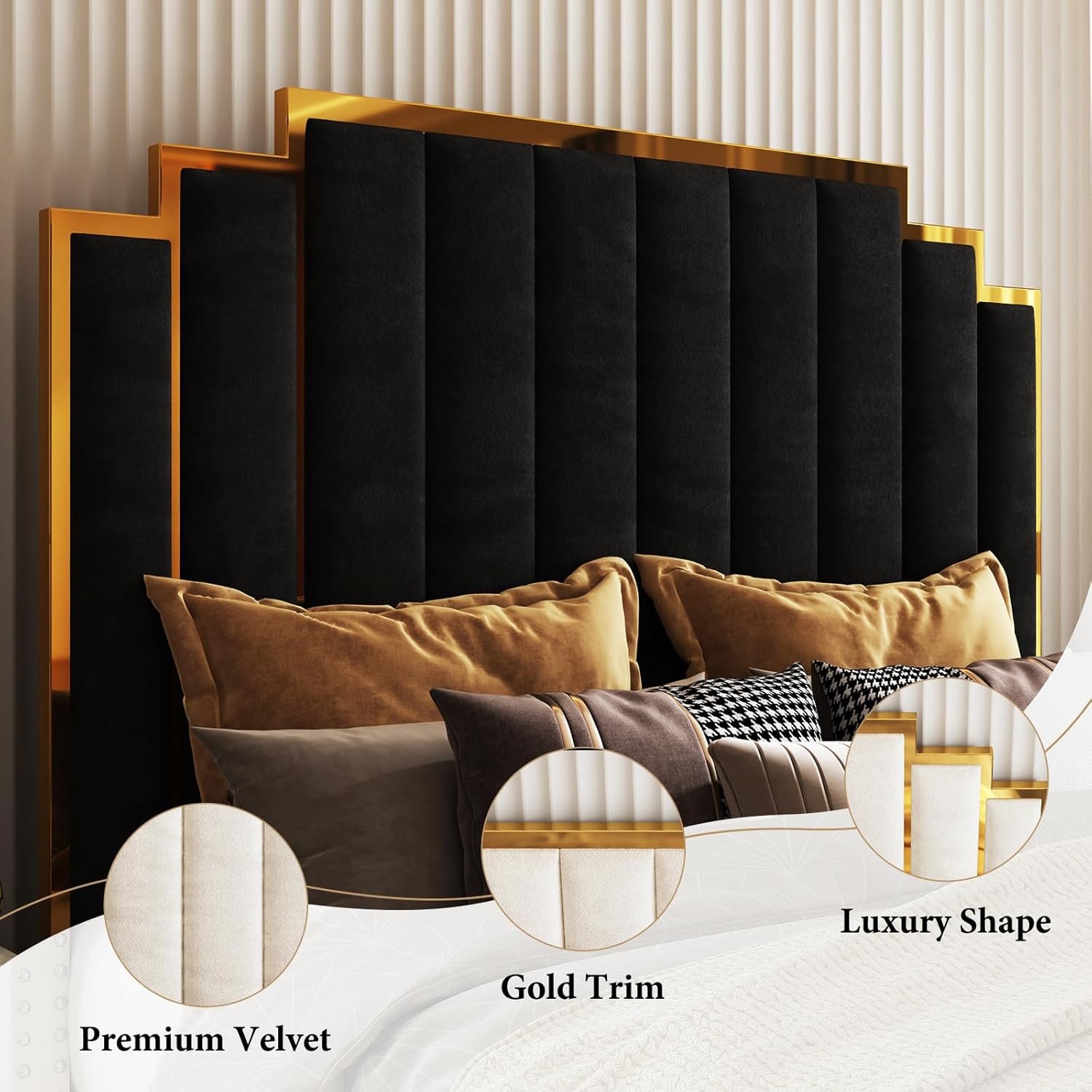 AMERLIFE King Size Upholstered Bed, Modern Velvet Bed Frame with 65.4” Tall Gold Trim Headboard, No Box Spring Needed, Black 4 AMERLIFE King Size Upholstered Bed, Modern Velvet Bed Frame with 65.4” Tall Gold Trim Headboard, No Box Spring Needed, Black - Image 4
