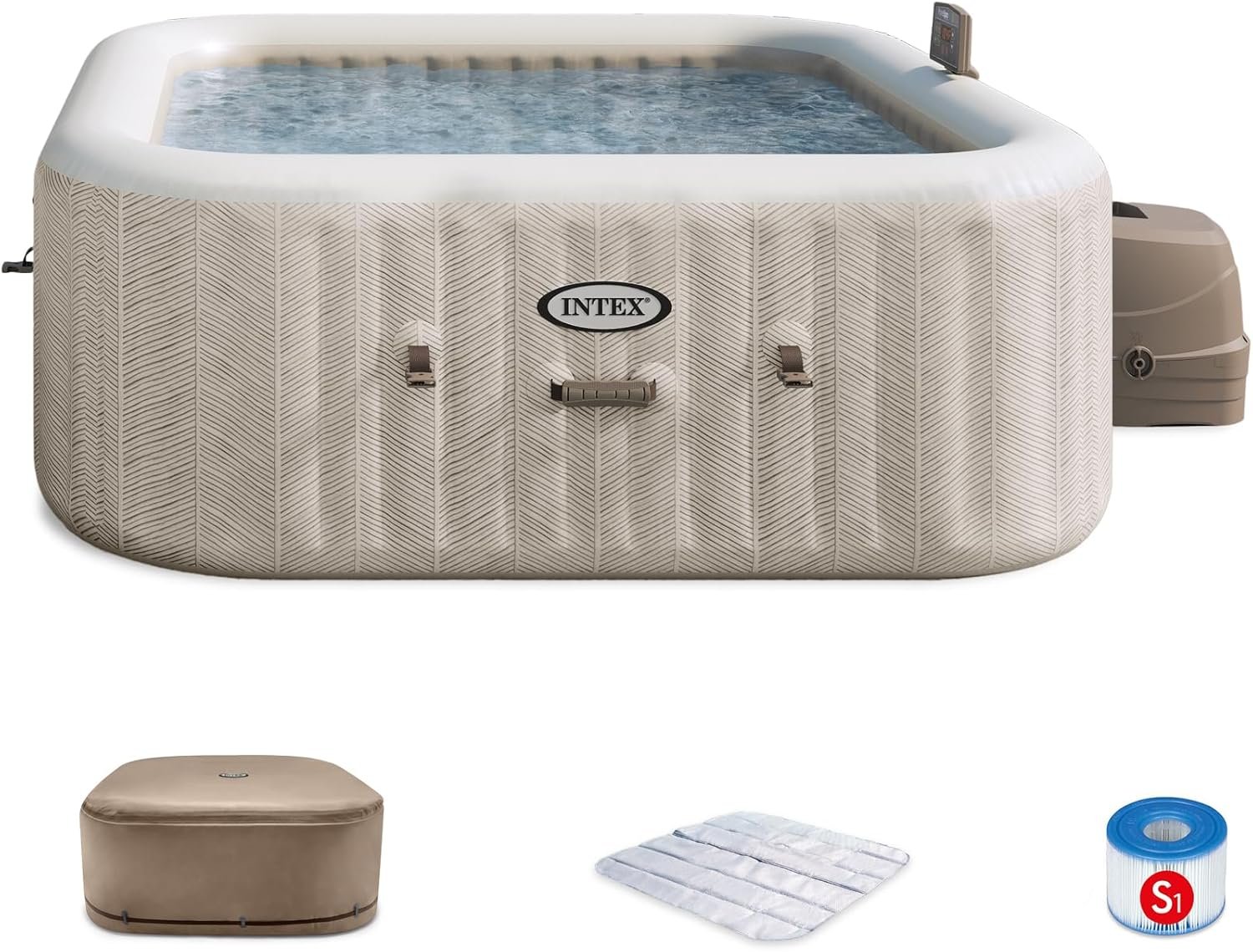 INTEX 28471EP PureSpa Chevron Deluxe Outdoor Inflatable Portable Hot Tub, Includes Energy Efficient Spa Cover, Spa Control App, FastFill Inflation System, 6 Person Capacity, 77" x 77" x 28"
