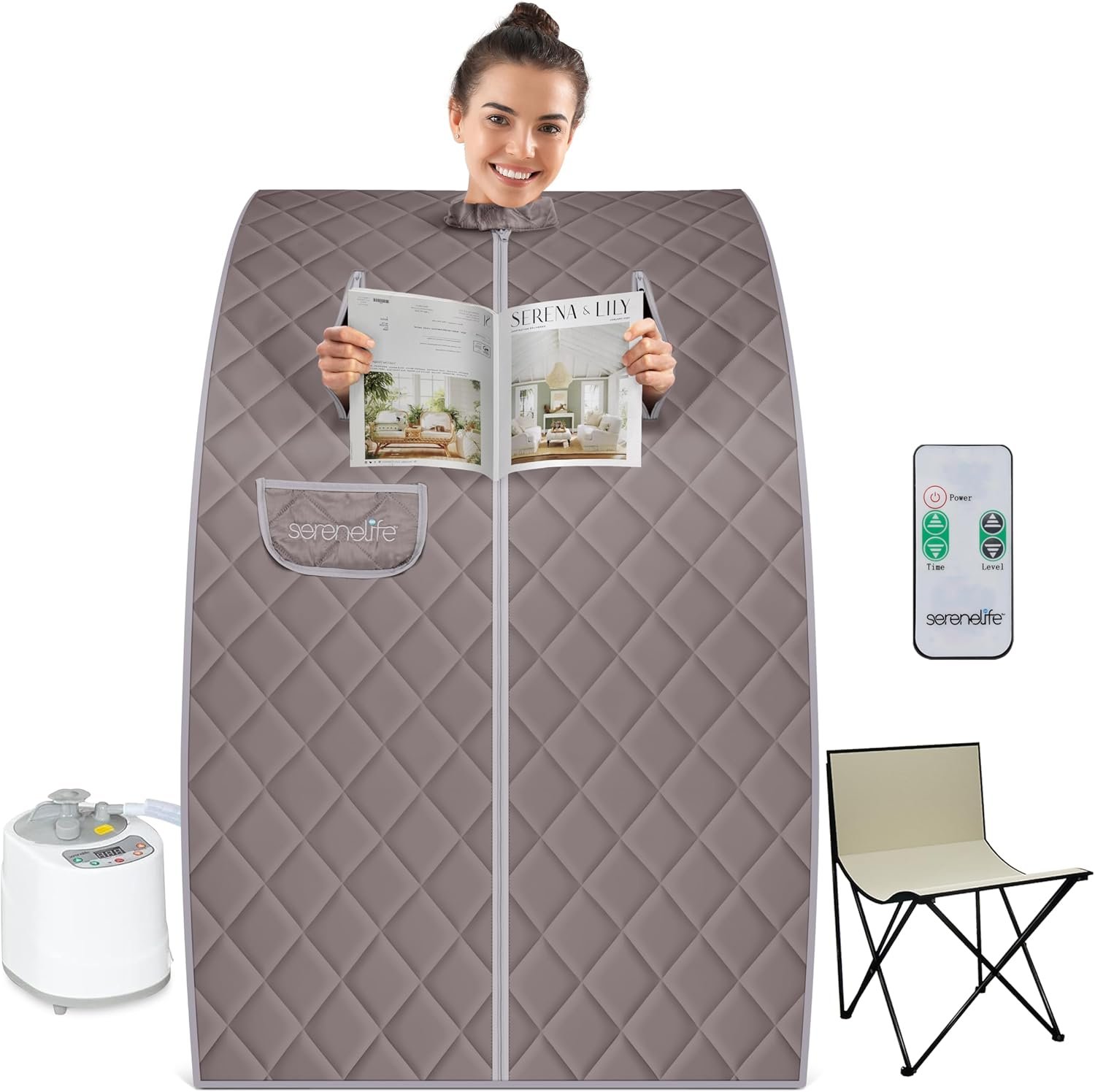 SereneLife Portable Sauna for Home, Steam Sauna Tent with 2L Steamer, Folding Sauna Chair, Compact Personal Rejuvenation Sauna, Remote Control in-Home Spa, 40" x 34" - inch (Gray)