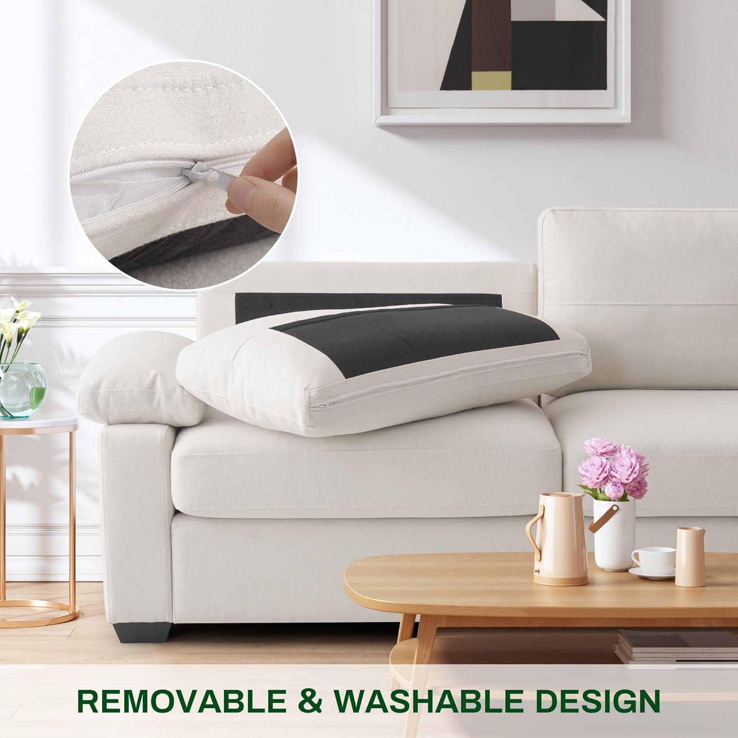 75" Couch for Living Room,3 Seater Sofa,Linen Fabric Deep Seat Couches with Upholstered Cushion and Storage Armrests for Small Space, Apartment(Beige) 6 75" Couch for Living Room,3 Seater Sofa,Linen Fabric Deep Seat Couches with Upholstered Cushion and Storage Armrests for Small Space, Apartment(Beige) - Image 6