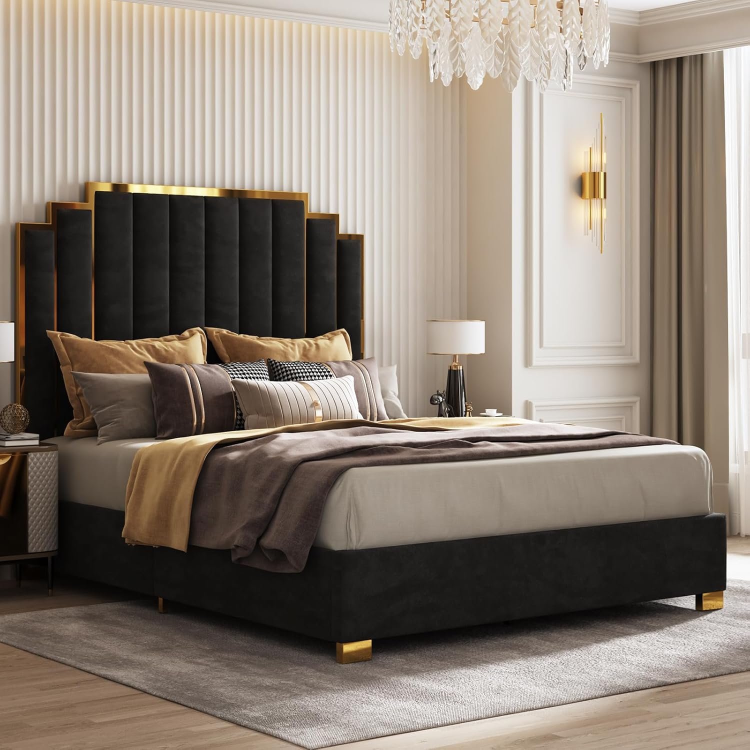 AMERLIFE King Size Upholstered Bed, Modern Velvet Bed Frame with 65.4” Tall Gold Trim Headboard, No Box Spring Needed, Black 3 AMERLIFE King Size Upholstered Bed, Modern Velvet Bed Frame with 65.4” Tall Gold Trim Headboard, No Box Spring Needed, Black - Image 3