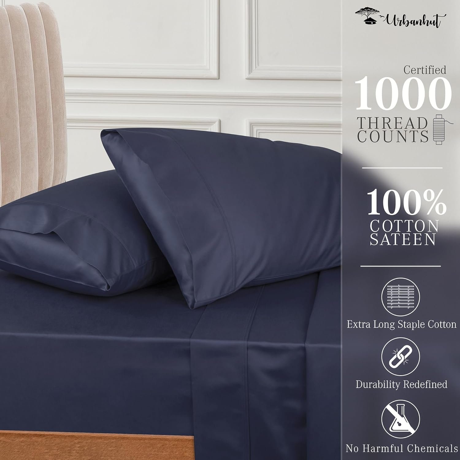 URBANHUT 1000 Thread Count Queen Sheet Set Egyptian Cotton Sheets, Long Staple Soft & Breathable, 4 Pc Bed Sheet Sets for Queen Size Bed, Luxury Hotel Sateen Sheets Fits 16" Deep Pocket - Navy Blue 2 URBANHUT 1000 Thread Count Queen Sheet Set Egyptian Cotton Sheets, Long Staple Soft & Breathable, 4 Pc Bed Sheet Sets for Queen Size Bed, Luxury Hotel Sateen Sheets Fits 16" Deep Pocket - Navy Blue - Image 2