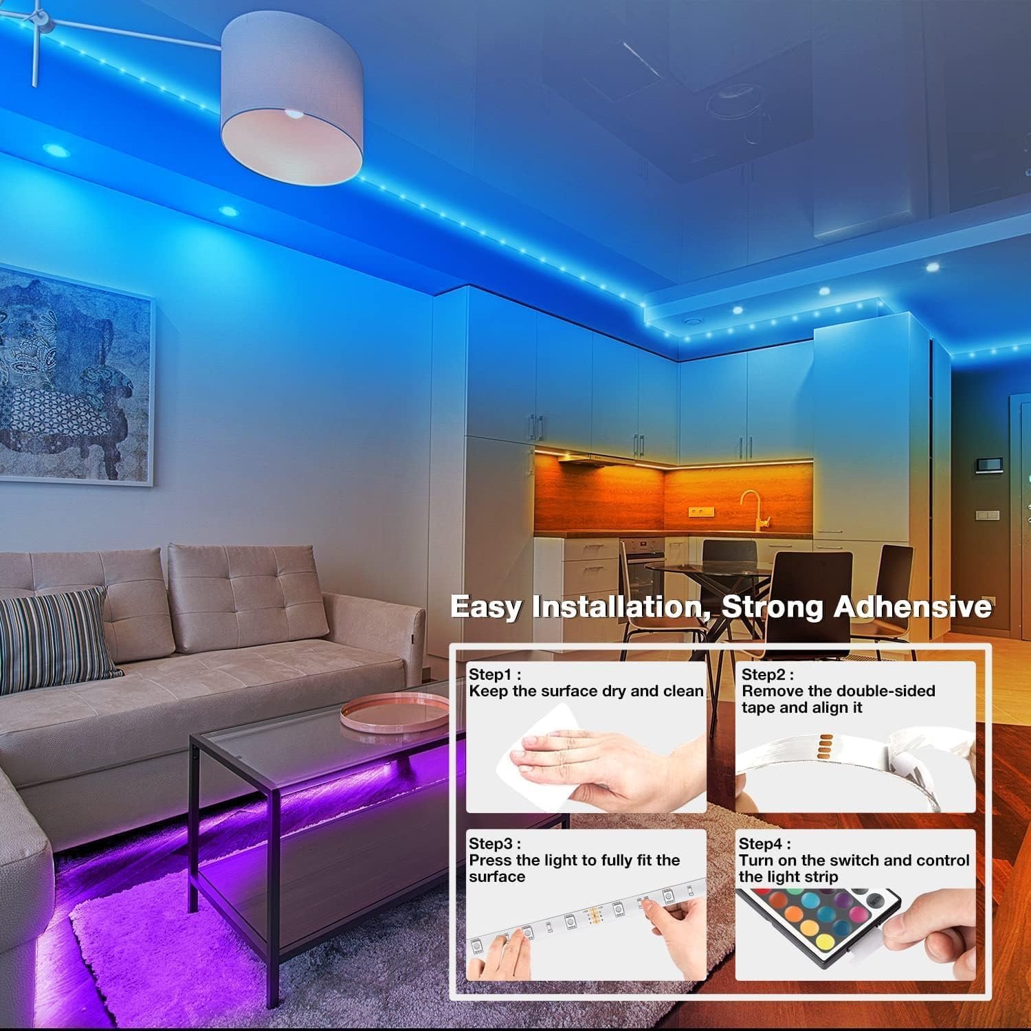 dalattin Led Lights for Bedroom 130ft(2 Rolls of 65.6ft), Led Lights with Remote&App Control, Color Changing Led Lights for Room, RGB Led Strip Lights Music Sync, Easter Home Decor, 24V Power Supply 5 dalattin Led Lights for Bedroom 130ft(2 Rolls of 65.6ft), Led Lights with Remote&App Control, Color Changing Led Lights for Room, RGB Led Strip Lights Music Sync, Easter Home Decor, 24V Power Supply - Image 5