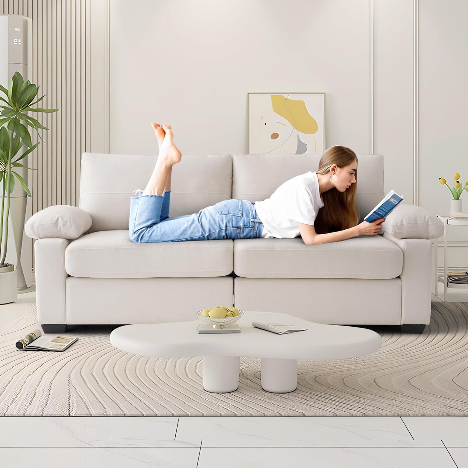 75" Couch for Living Room,3 Seater Sofa,Linen Fabric Deep Seat Couches with Upholstered Cushion and Storage Armrests for Small Space, Apartment(Beige) 9 75" Couch for Living Room,3 Seater Sofa,Linen Fabric Deep Seat Couches with Upholstered Cushion and Storage Armrests for Small Space, Apartment(Beige) - Image 9