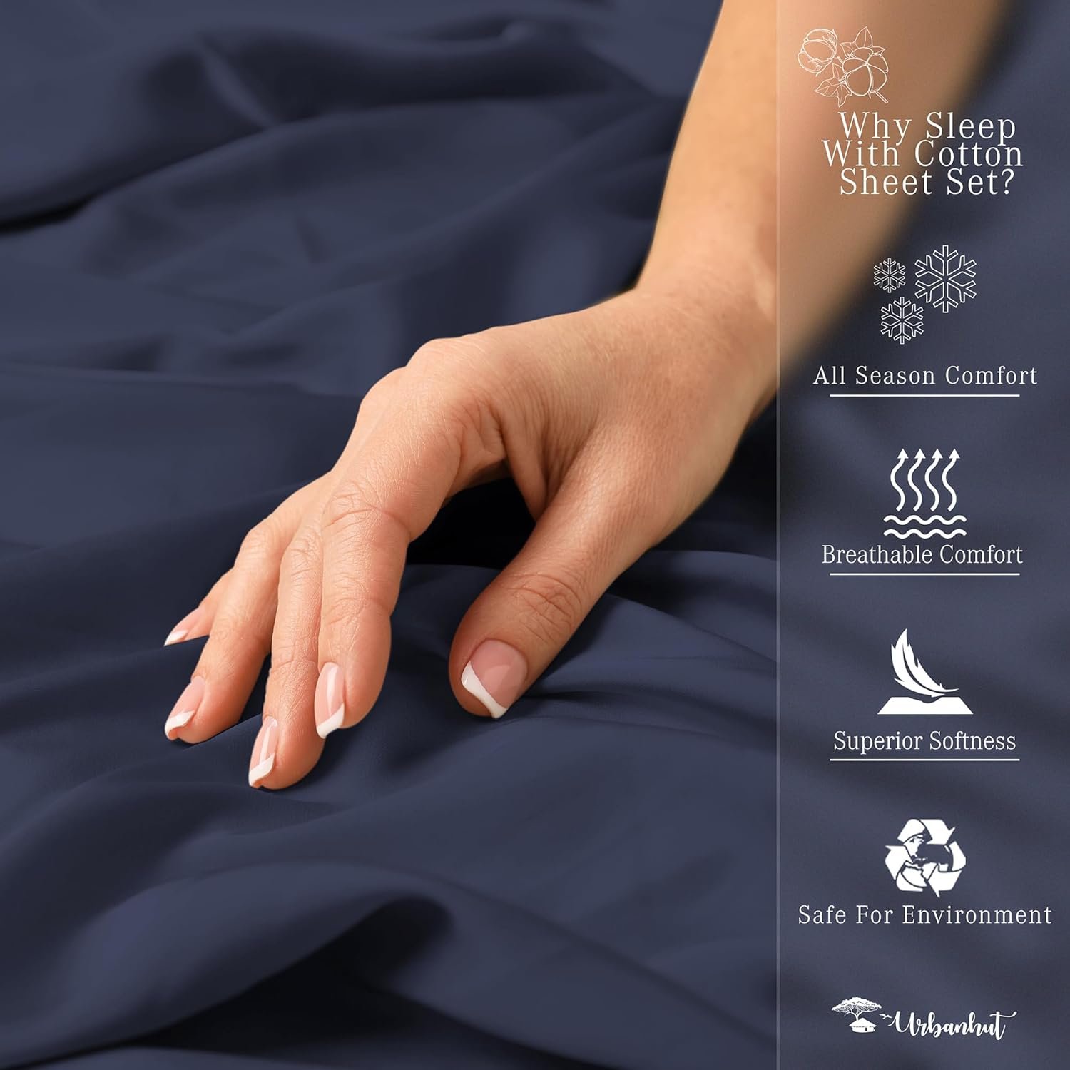 URBANHUT 1000 Thread Count Queen Sheet Set Egyptian Cotton Sheets, Long Staple Soft & Breathable, 4 Pc Bed Sheet Sets for Queen Size Bed, Luxury Hotel Sateen Sheets Fits 16" Deep Pocket - Navy Blue 6 URBANHUT 1000 Thread Count Queen Sheet Set Egyptian Cotton Sheets, Long Staple Soft & Breathable, 4 Pc Bed Sheet Sets for Queen Size Bed, Luxury Hotel Sateen Sheets Fits 16" Deep Pocket - Navy Blue - Image 6