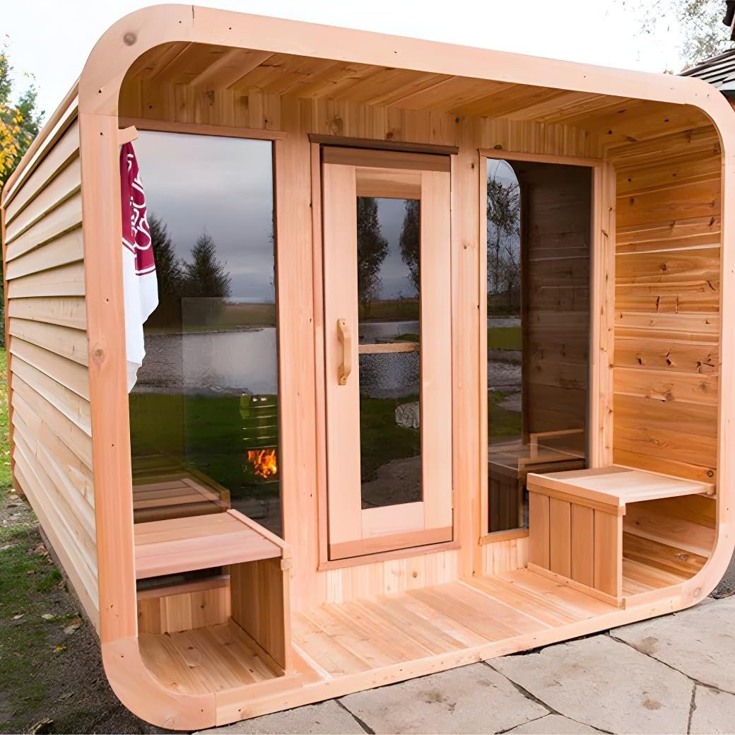Customize Outdoor Sauna 6-10 Person, Canadian Pine, Hemlock, Red Cedar Sauna, with Porch Option, Glass Window Option, Wood Burning Stove or Harvia Heater with Rocks, Extra Large Home Sauna (0-195 °F)