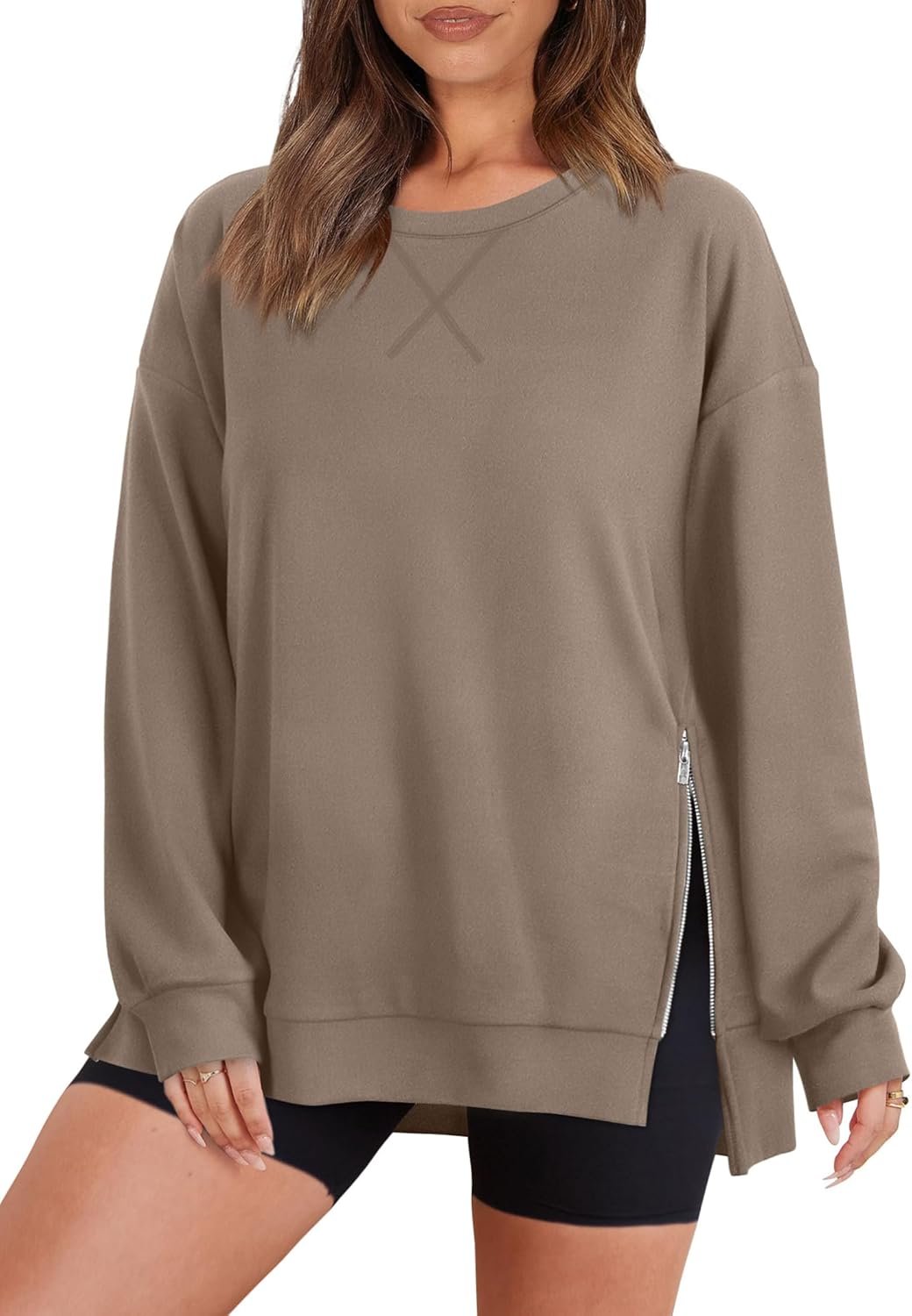 WIHOLL Women's Oversized Lightweight Sweatshirt with Side Slit Zipper Soft Crew Neck Pullover Long Sleeve Tops 2024 Fashion