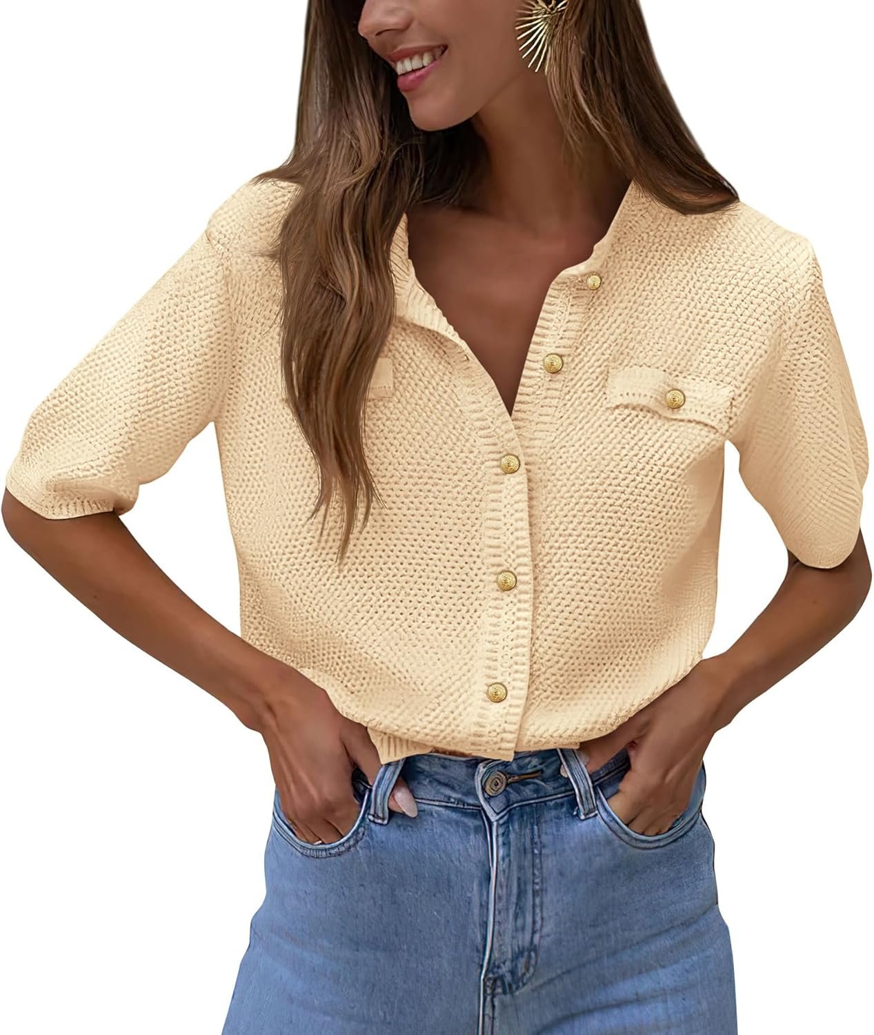 PRETTYGARDEN Women's Summer Button Down Shirts Casual Short Sleeve Crew Neck Ribbed Knit Blouse Top Cardigans