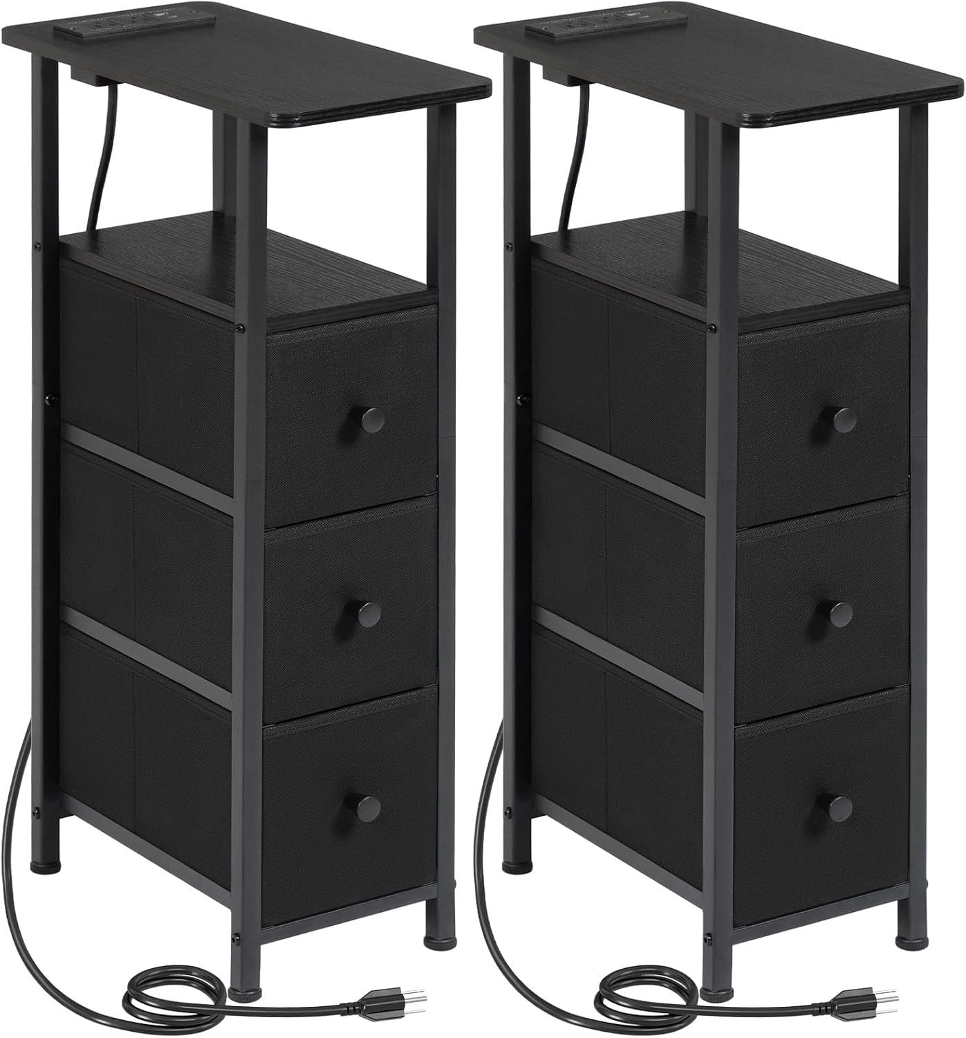Narrow End Tables Living Room Set of 2 with Charging Station, Skinny Side Table with Fabric Drawers, Slim Nightstand for Bedroom, Small Spaces, Couch, Black, HETNDP03BK