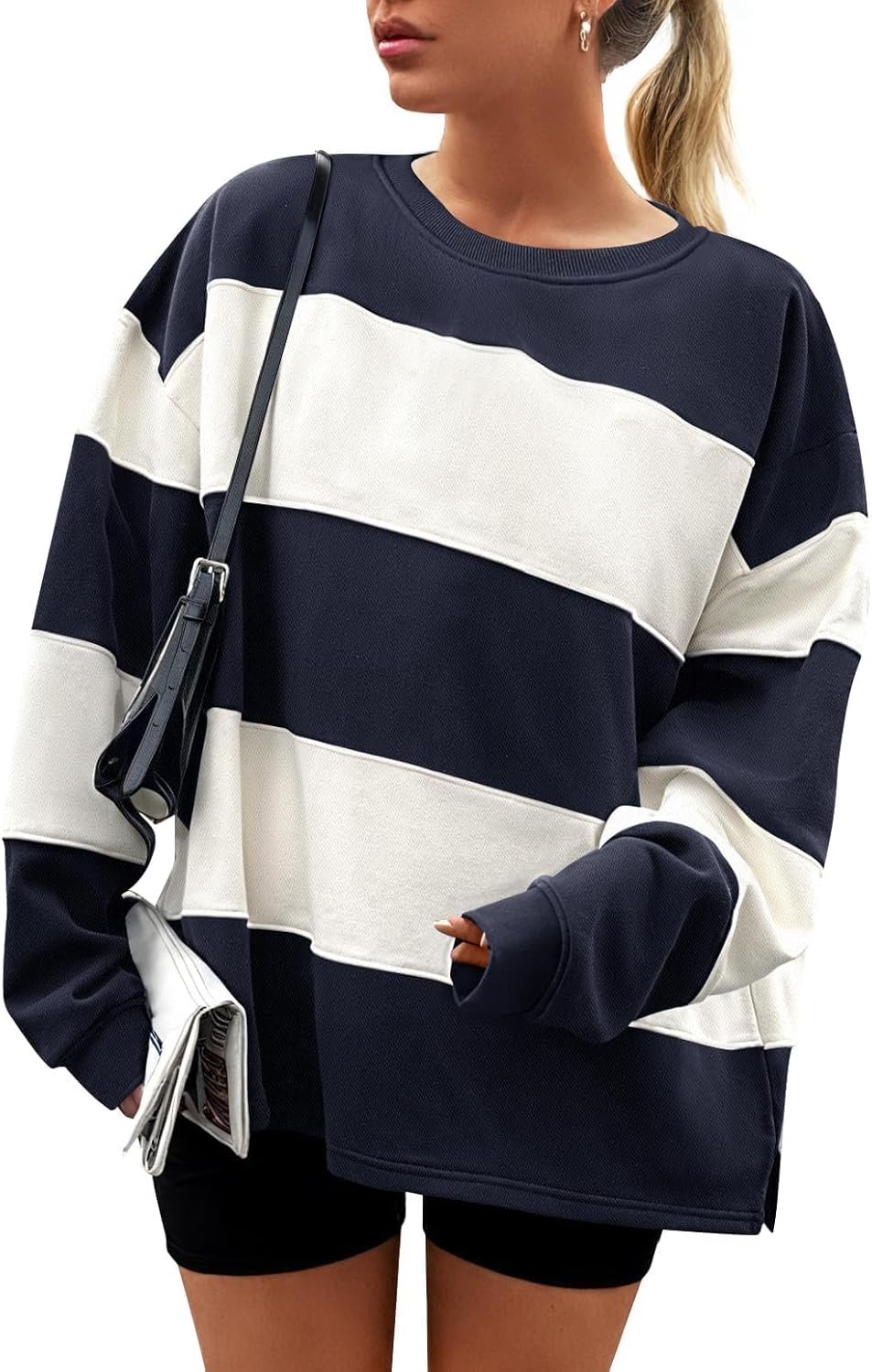 ZESICA Women's Fall Sweatshirt Tops Crewneck Long Sleeve Loose Oversized Striped Fleece Pullover 2025 Clothes