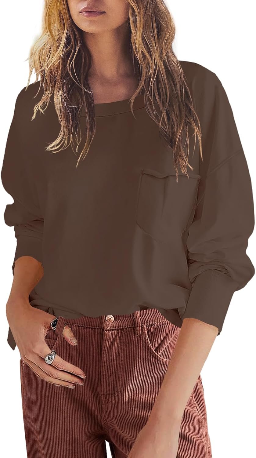 SENSERISE Womens Crewneck Sweatshirts Long Sleeve Tops with Pockets Casual Loose Fit Tee Tops