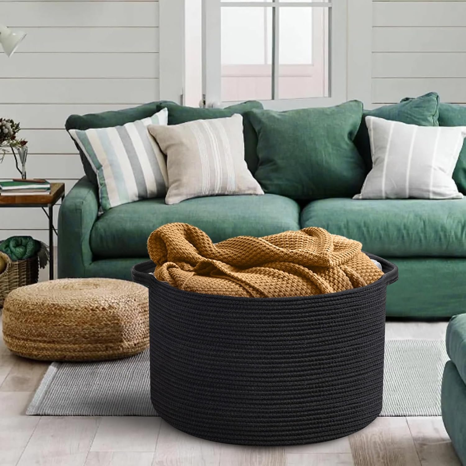Large Black Blanket Basket, 22" X 22" X 14" Woven Rope Baskets for Storage, Kids Dog Toy Storage Box Organizer Bins, Blanket Storage for Living Room, Black Wicker Baskets for Organizing 4 Large Black Blanket Basket, 22" X 22" X 14" Woven Rope Baskets for Storage, Kids Dog Toy Storage Box Organizer Bins, Blanket Storage for Living Room, Black Wicker Baskets for Organizing - Image 4