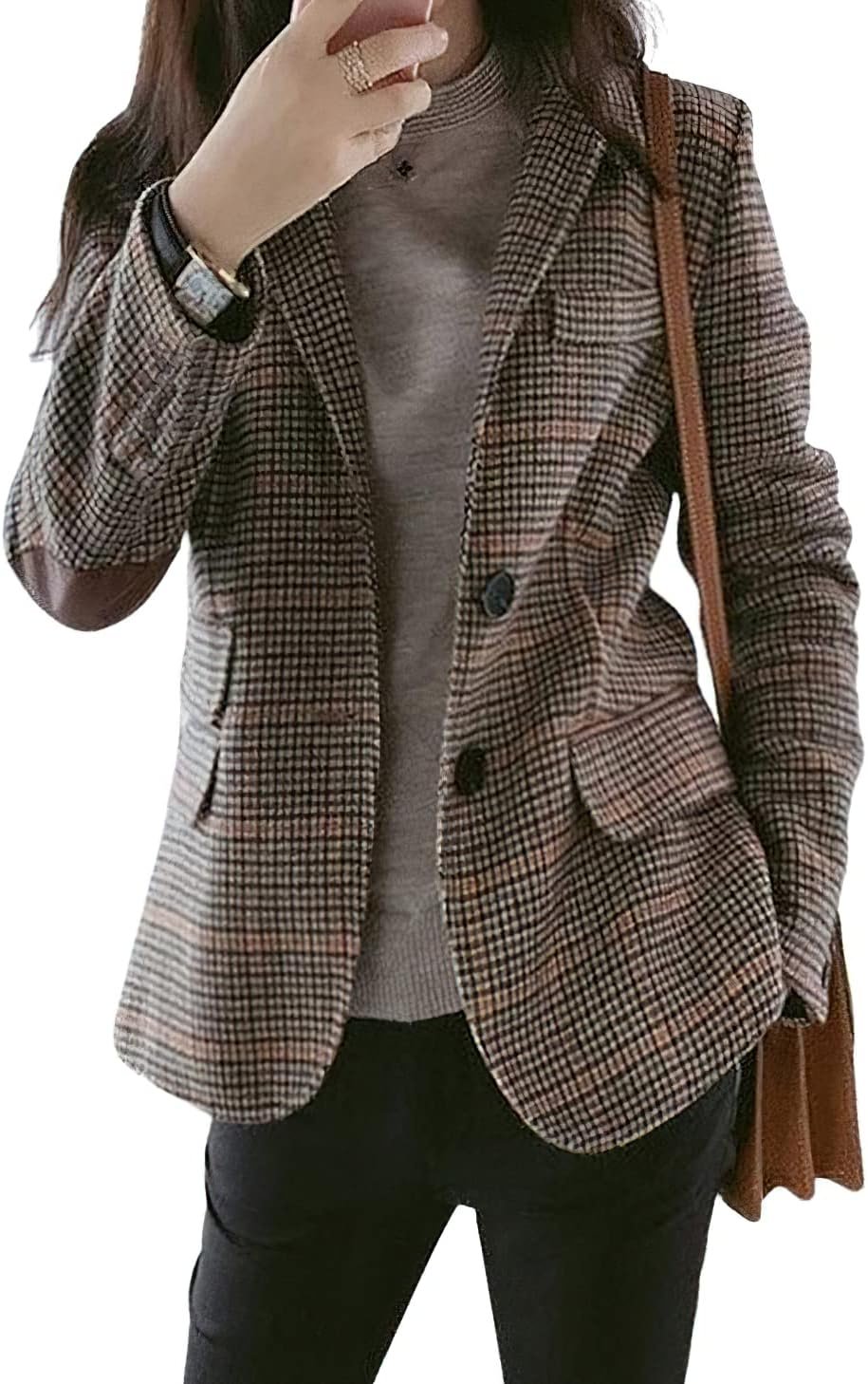 CHARTOU Women's Chic Lapel Collar Plaid 2-Button Business Work Office Blazer Suit Jacket