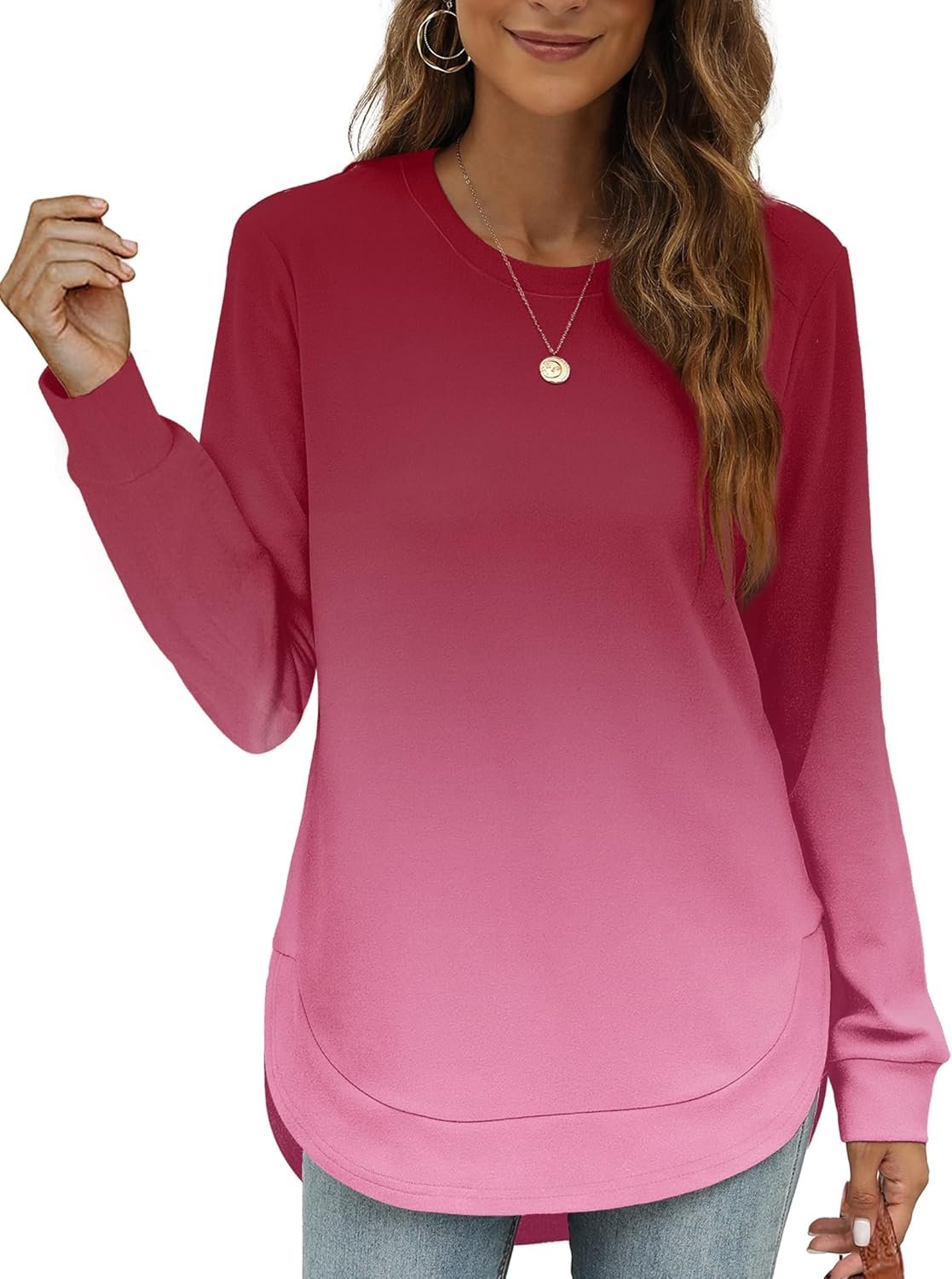 OFEEFAN Crew Neck Sweatshirts Women Tunic Tops For Women Loose Fit Curved Hem