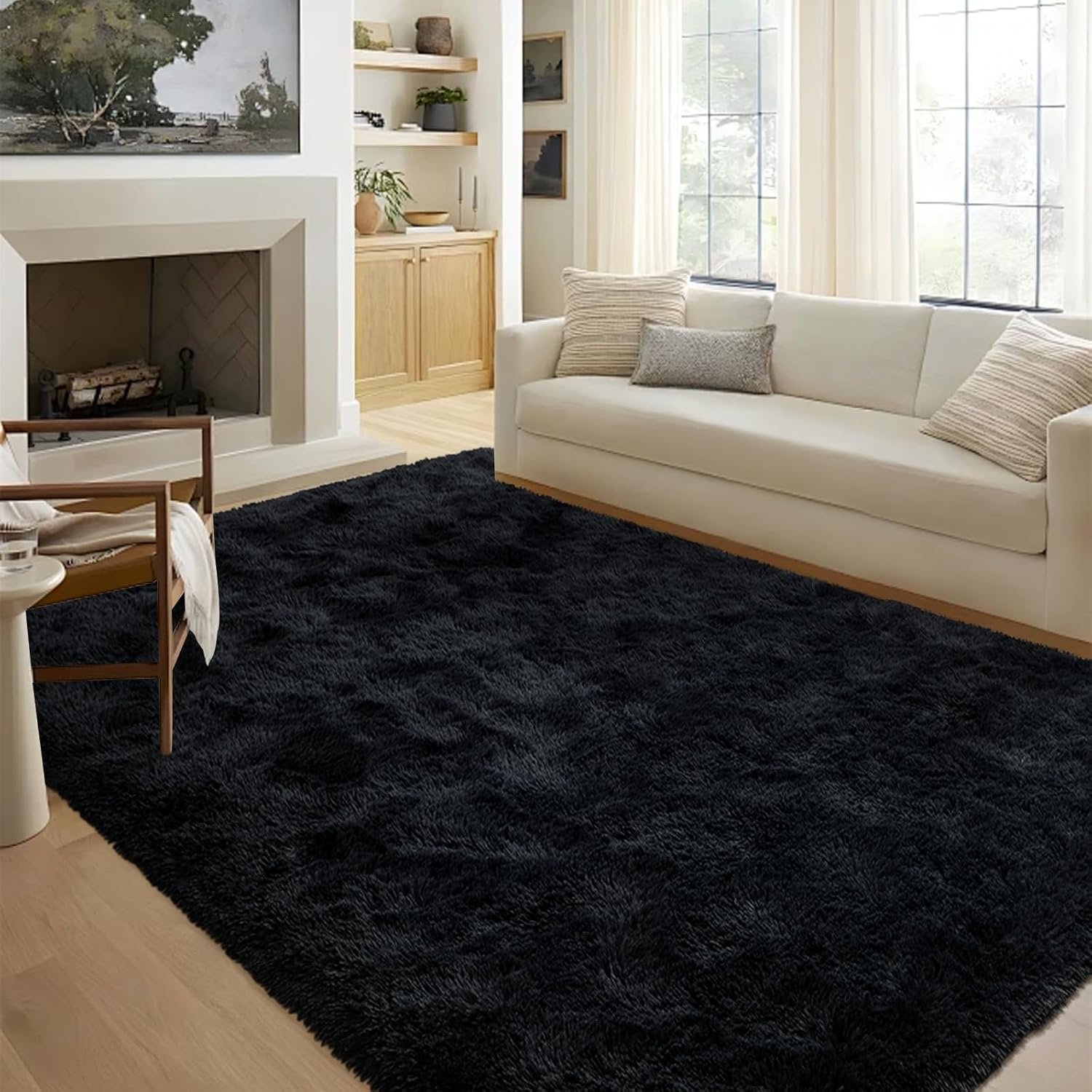 FinRèc 5x8 Ft Black Rugs for Living Room Bedroom,Soft Modern Indoor Fuzzy Shaggy Area Rug,Non-Slip Fluffy Furry Rug for Teen Girl and Boy,Nursery Kid Room Dorm Home Decor,High Pile Plush Floor Carpet