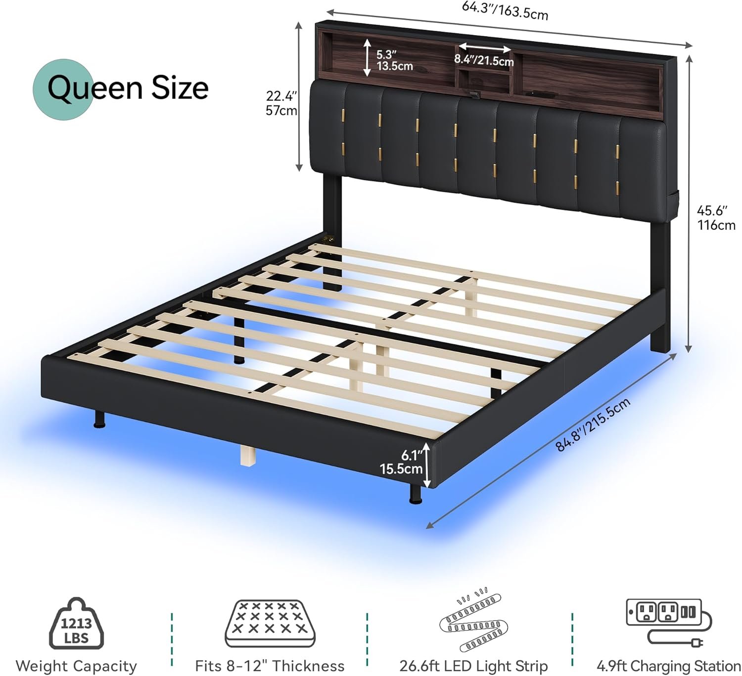 YITAHOME Queen Floating Bed Frame with Charging Station,LED Bed Frame with RGB Lighting and Headboard Storage,PU Upholstered Platform Bed Frame,Box Spring Not Required,Black 2 YITAHOME Queen Floating Bed Frame with Charging Station,LED Bed Frame with RGB Lighting and Headboard Storage,PU Upholstered Platform Bed Frame,Box Spring Not Required,Black - Image 2