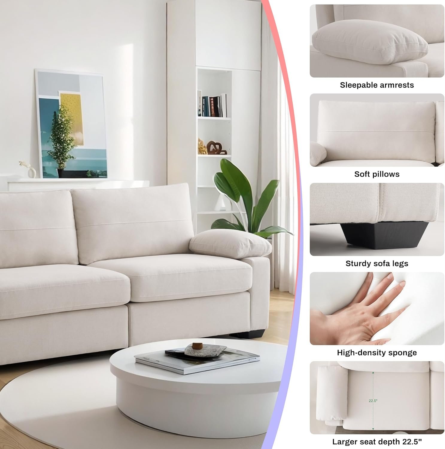 75" Couch for Living Room,3 Seater Sofa,Linen Fabric Deep Seat Couches with Upholstered Cushion and Storage Armrests for Small Space, Apartment(Beige) 4 75" Couch for Living Room,3 Seater Sofa,Linen Fabric Deep Seat Couches with Upholstered Cushion and Storage Armrests for Small Space, Apartment(Beige) - Image 4