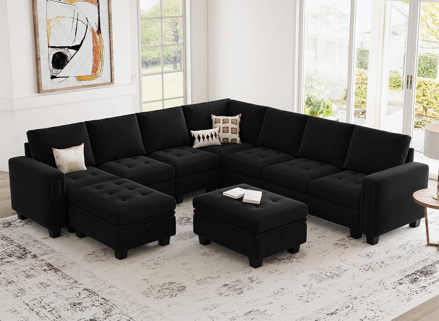 Belffin Modular Sectional Sofa U Shaped Sectional Couch with Storage Ottoman Velvet 9-Seater Convertible Sectional Sofa with Chaises Black