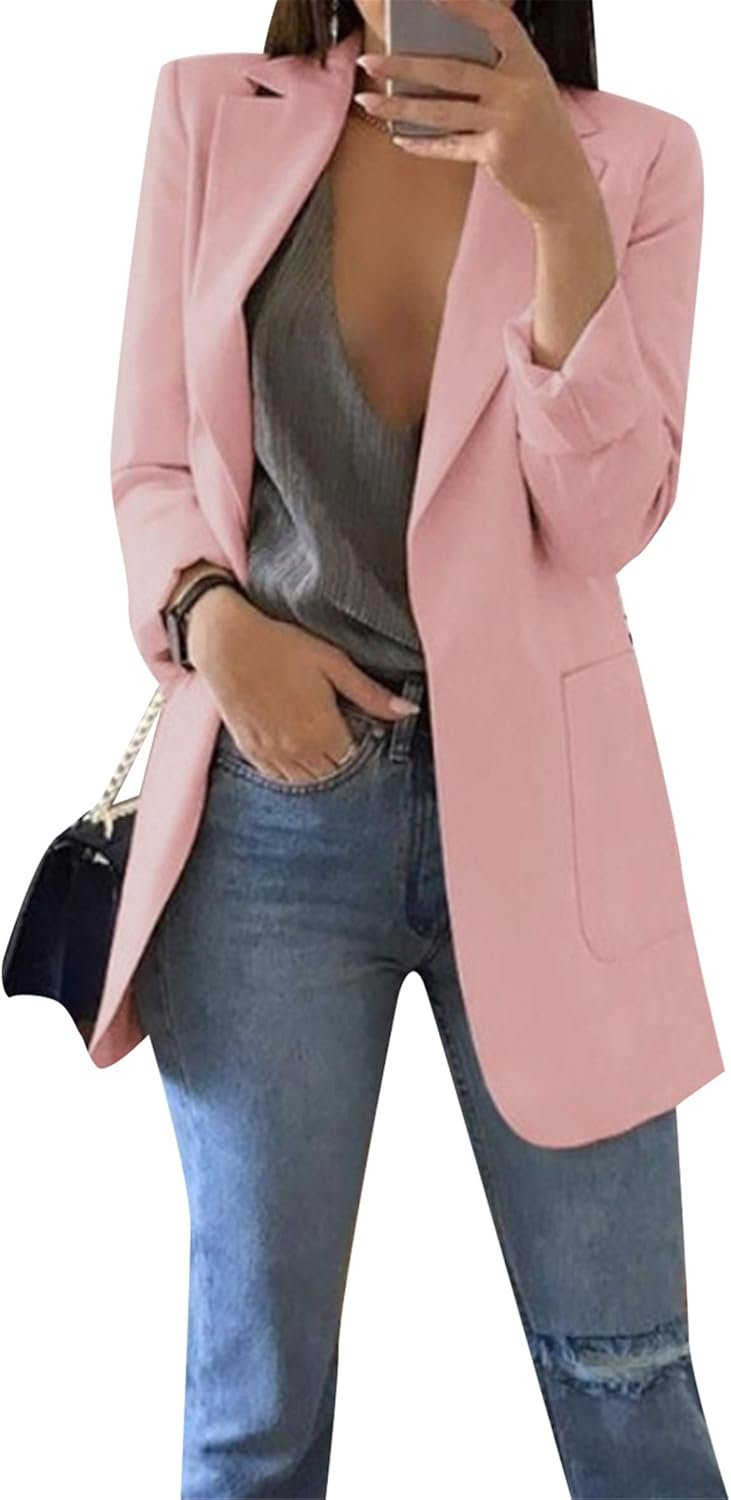 WIWIQS Women Blazer Lapel Solid Color Casual Loose Office Coat with Pockets Long Sleeve Slim Work Jacket