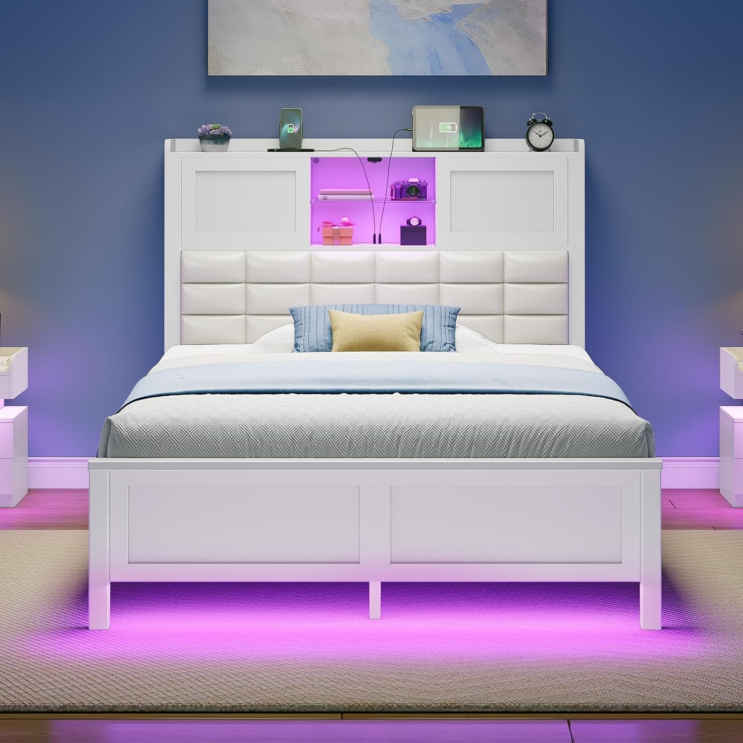 Rolanstar Bed Frame Twin Size with Charging Station, Bookcase Headboard Bed with LED Light and Sliding Doors, Platform Bed with Wooden Slats, No Box Spring Needed, Noise Free, White