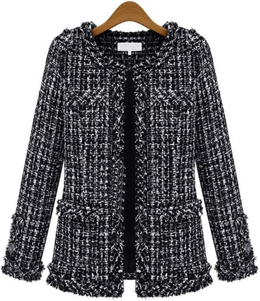 ebossy Women's Elegant Open Front Round Neck Fringed Plaid Tweed Jacket