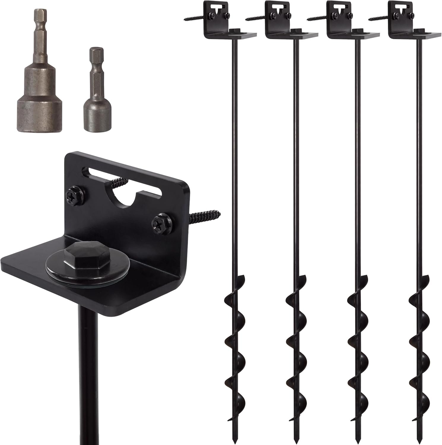 VASGOR 24” Mobile Home Anchors - Set of 4 Ground Anchor Screw in with Brackets and Adapter for Drill - Earth Anchors - Storage Shed and Swing Anchor Kits