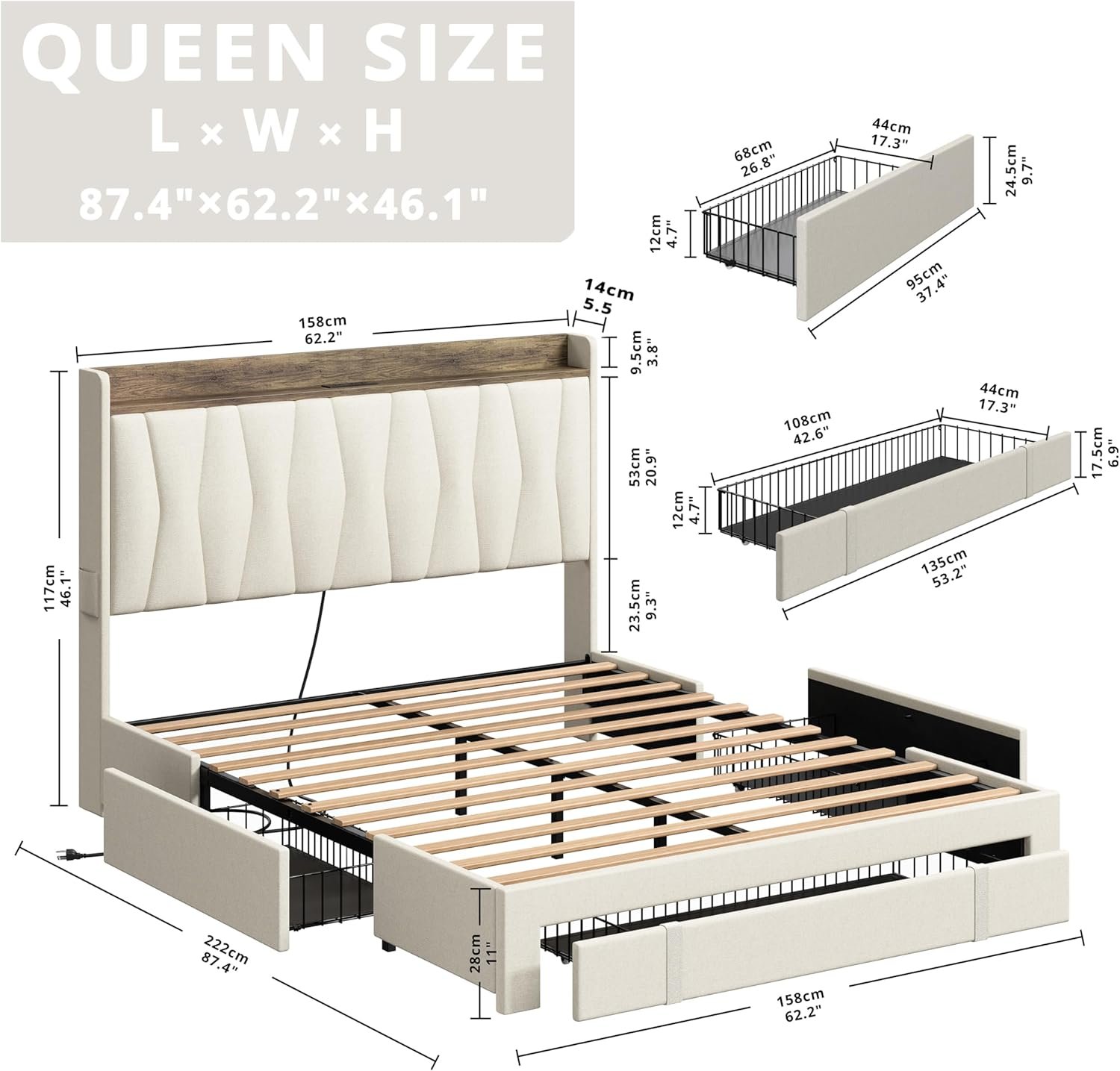 ANCTOR Queen Bed Frame with 3 Drawers, Upholstered Platform Bed with Storage Headboard and Charging Station, No Box Spring Needed, Easy Assembly, Beige 2 ANCTOR Queen Bed Frame with 3 Drawers, Upholstered Platform Bed with Storage Headboard and Charging Station, No Box Spring Needed, Easy Assembly, Beige - Image 2