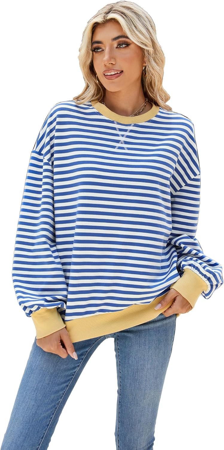 Lopie Women Sweatshirt Striped Long Sleeve Crew Neck Casual Loose Lightweight Comfy Pullover Shirt Tops
