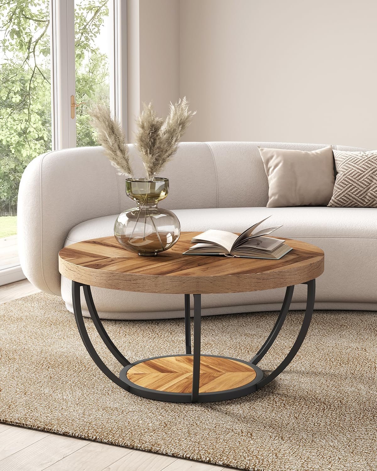 LITTLE TREE Round Coffee Table, 32" Circle Coffee Table for Living Room, 2-Tier Wood Accent Center Table with Open Storage Industrial Design Home Furniture (Wood Grain and Black) 4 LITTLE TREE Round Coffee Table, 32" Circle Coffee Table for Living Room, 2-Tier Wood Accent Center Table with Open Storage Industrial Design Home Furniture (Wood Grain and Black) - Image 4