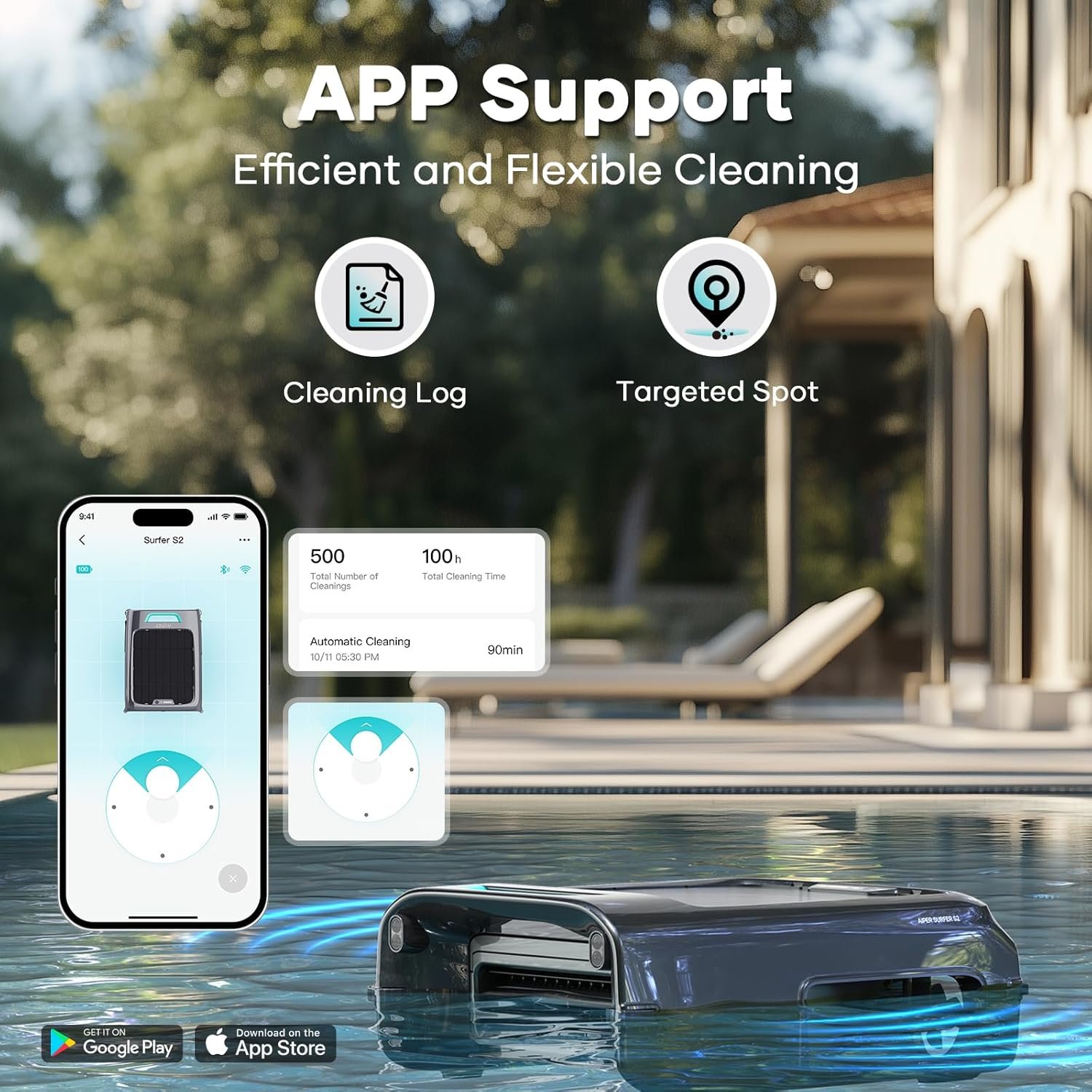 AIPER Surfer S2 Solar Pool Skimmer with APP Support, 24/7 Cleaning, Dual Charging Modes, Smart Obstacle Avoidance, Ideal for All Swimming Pool Types 3 AIPER Surfer S2 Solar Pool Skimmer with APP Support, 24/7 Cleaning, Dual Charging Modes, Smart Obstacle Avoidance, Ideal for All Swimming Pool Types - Image 3