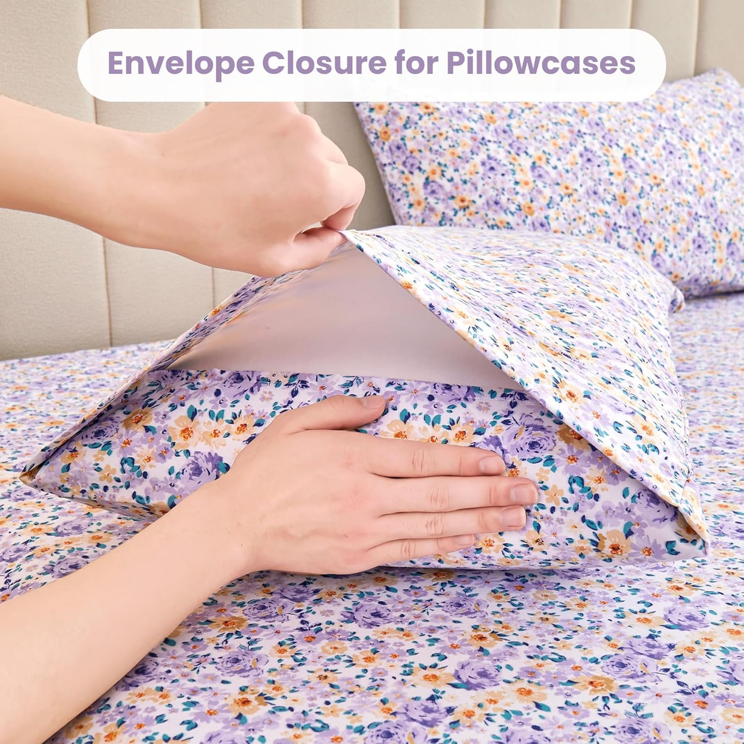 Mooreeke Floral Queen Bed Sheets, Soft Microfiber Printed Bedding Sheets & Pillowcases, Deep Pocket Non-Slip Vintage Queen Sheet, Purple Yellow Flower Pattern Bedsheets 4 Mooreeke Floral Queen Bed Sheets, Soft Microfiber Printed Bedding Sheets & Pillowcases, Deep Pocket Non-Slip Vintage Queen Sheet, Purple Yellow Flower Pattern Bedsheets - Image 4