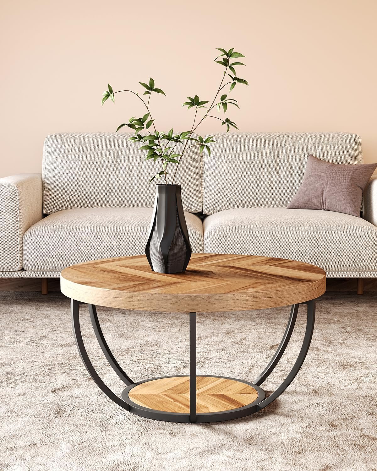 LITTLE TREE Round Coffee Table, 32" Circle Coffee Table for Living Room, 2-Tier Wood Accent Center Table with Open Storage Industrial Design Home Furniture (Wood Grain and Black) 8 LITTLE TREE Round Coffee Table, 32" Circle Coffee Table for Living Room, 2-Tier Wood Accent Center Table with Open Storage Industrial Design Home Furniture (Wood Grain and Black) - Image 8