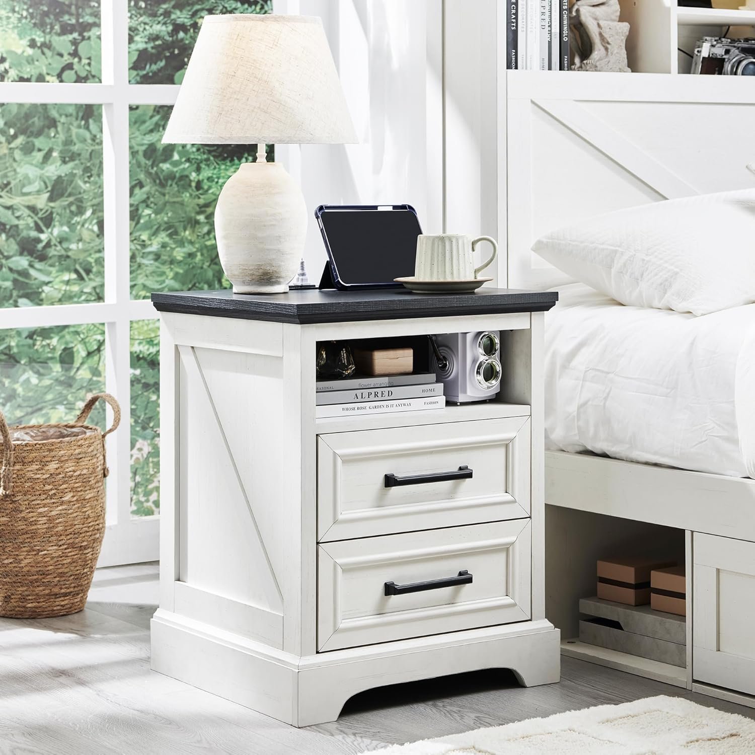 18" Farmhouse Nightstand with Charging Station,End Table with 2 Drawers Storage,Side Table,Bedside Cabinet for Bedroom,Living Room,White