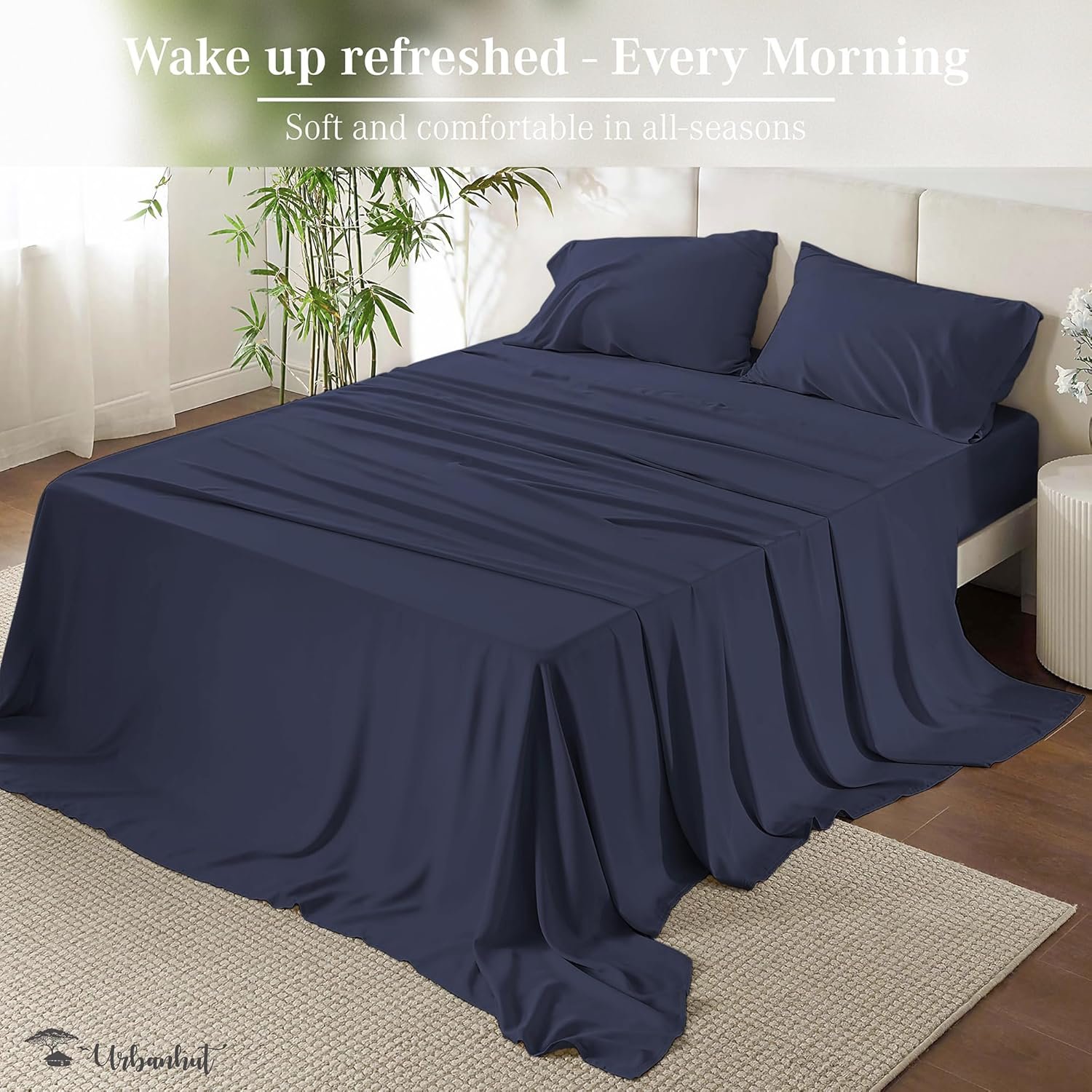 URBANHUT 1000 Thread Count Queen Sheet Set Egyptian Cotton Sheets, Long Staple Soft & Breathable, 4 Pc Bed Sheet Sets for Queen Size Bed, Luxury Hotel Sateen Sheets Fits 16" Deep Pocket - Navy Blue 3 URBANHUT 1000 Thread Count Queen Sheet Set Egyptian Cotton Sheets, Long Staple Soft & Breathable, 4 Pc Bed Sheet Sets for Queen Size Bed, Luxury Hotel Sateen Sheets Fits 16" Deep Pocket - Navy Blue - Image 3